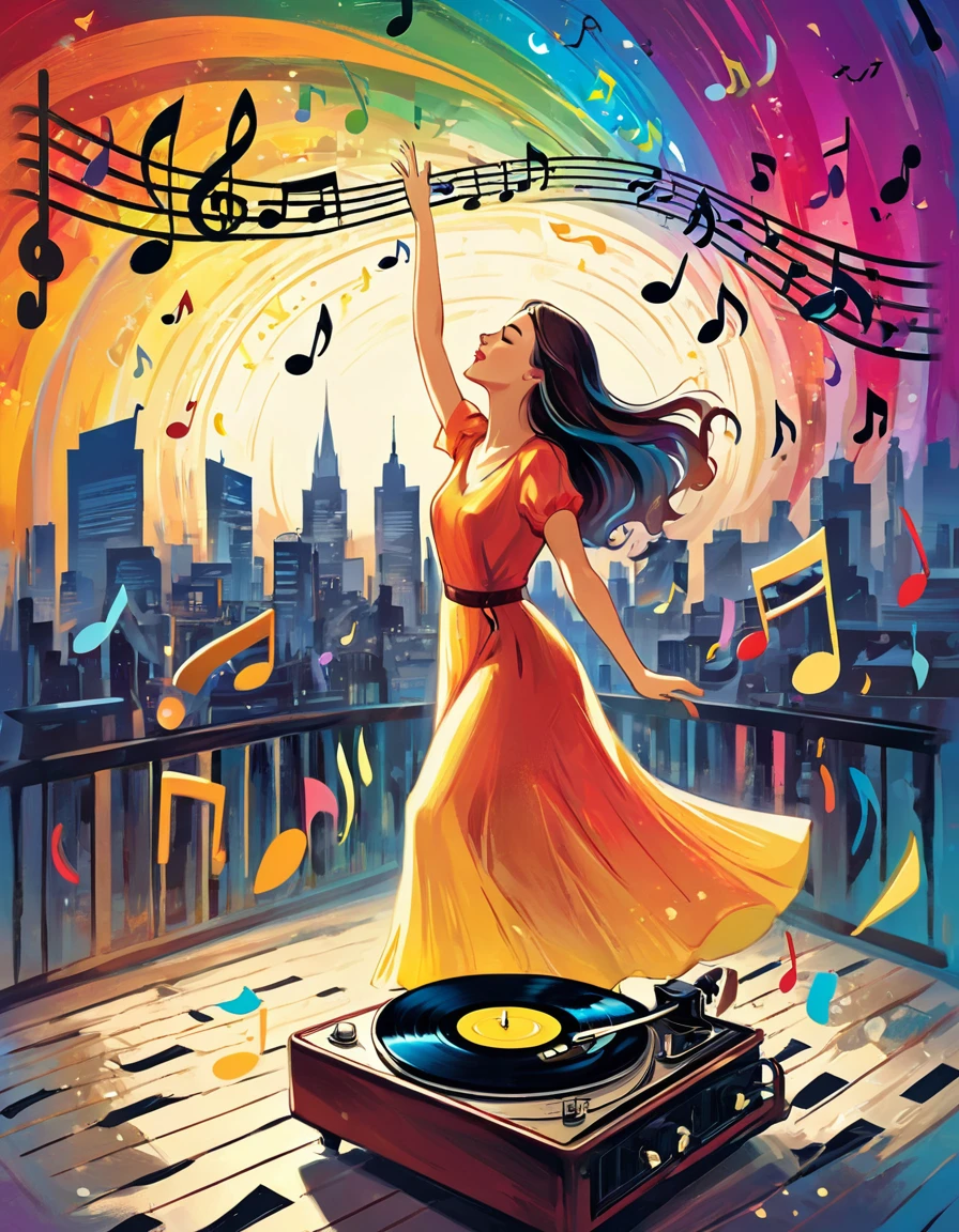 Vintage Record Player, Inside the room, Illustration of a Vintage record player in a room with a city view, (effect of Musical staves and notes appear flowing on the screen, colorful music notes and staves, Vector illustration). beautiful detailed girl, eyes closed, Pleasant expression, Emotional, elegant. There are colorful notes drawn dancing, Flowing notes on a musical staff, Staff notation dancing in the wind, musical notes. highly detailed, masterpiece, dramatic lighting, Gradient Background.