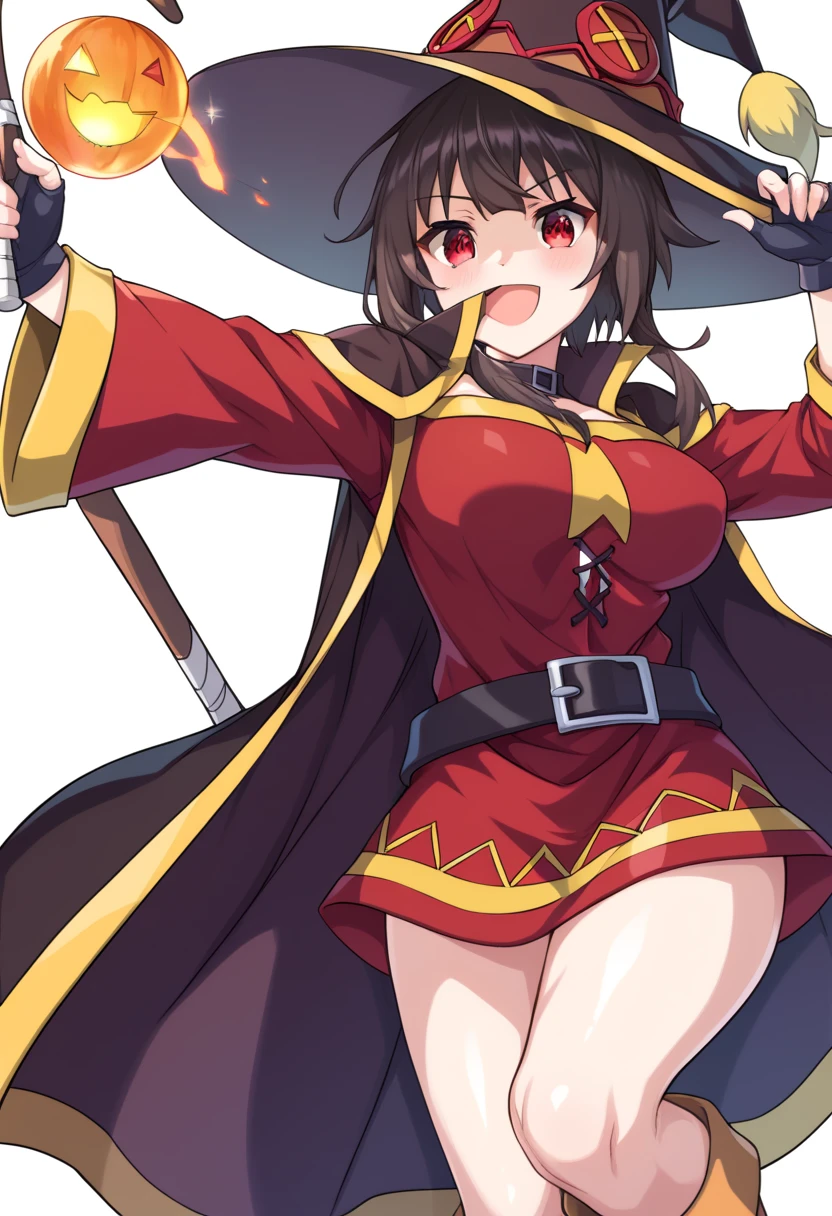 Super huge big breasts breast enlargement full-body shot Smile ,Megumin, red eyes, brown hair, bangs, short hair with long locks, sidelocks, short hair, shiny hair, blunt bangs, hat, witch hat, boots, fingerless gloves, dress, belt, long sleeves, pink dress, black gloves, red necktie, pink skirt, shirt, black cape