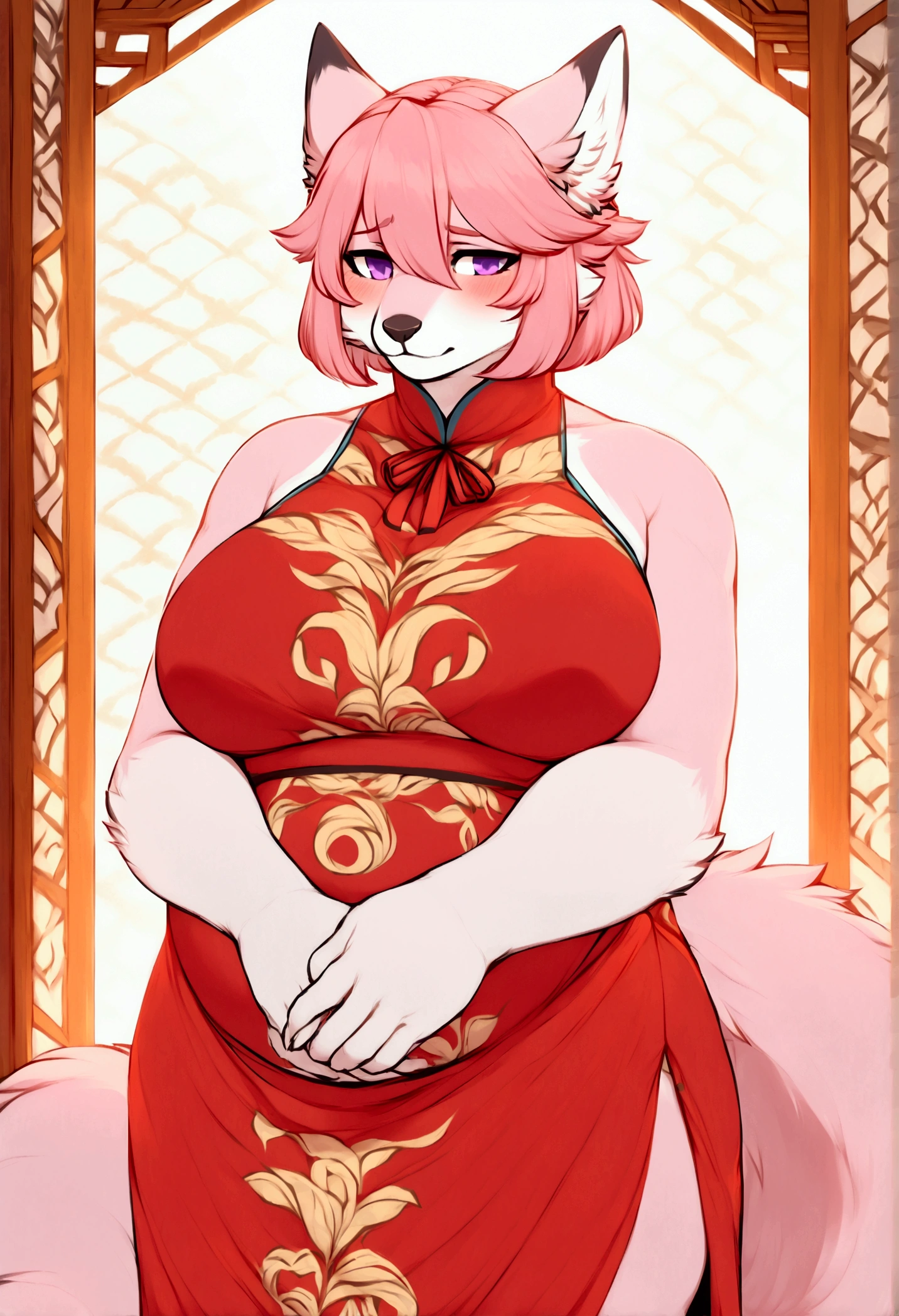 top quality, best quality, Iriedono, High-quality illustrations, masterpiece, uploaded on furaffinity), (kemono, furry anthro), very beautiful and detailed body face and eyes, round, 1 female, fox, Yae Miko, (Genshin Impact), slightly chubby, mature face, pink furs, fluffy, tail, huge breasts, big thighs, pink hair, perfect eyes, purple eyes, beautiful frilly chinese dress, beautiful kingdom garden, body movement, body twitching, beautiful huge pregnant, red blushing, shy, looking behind