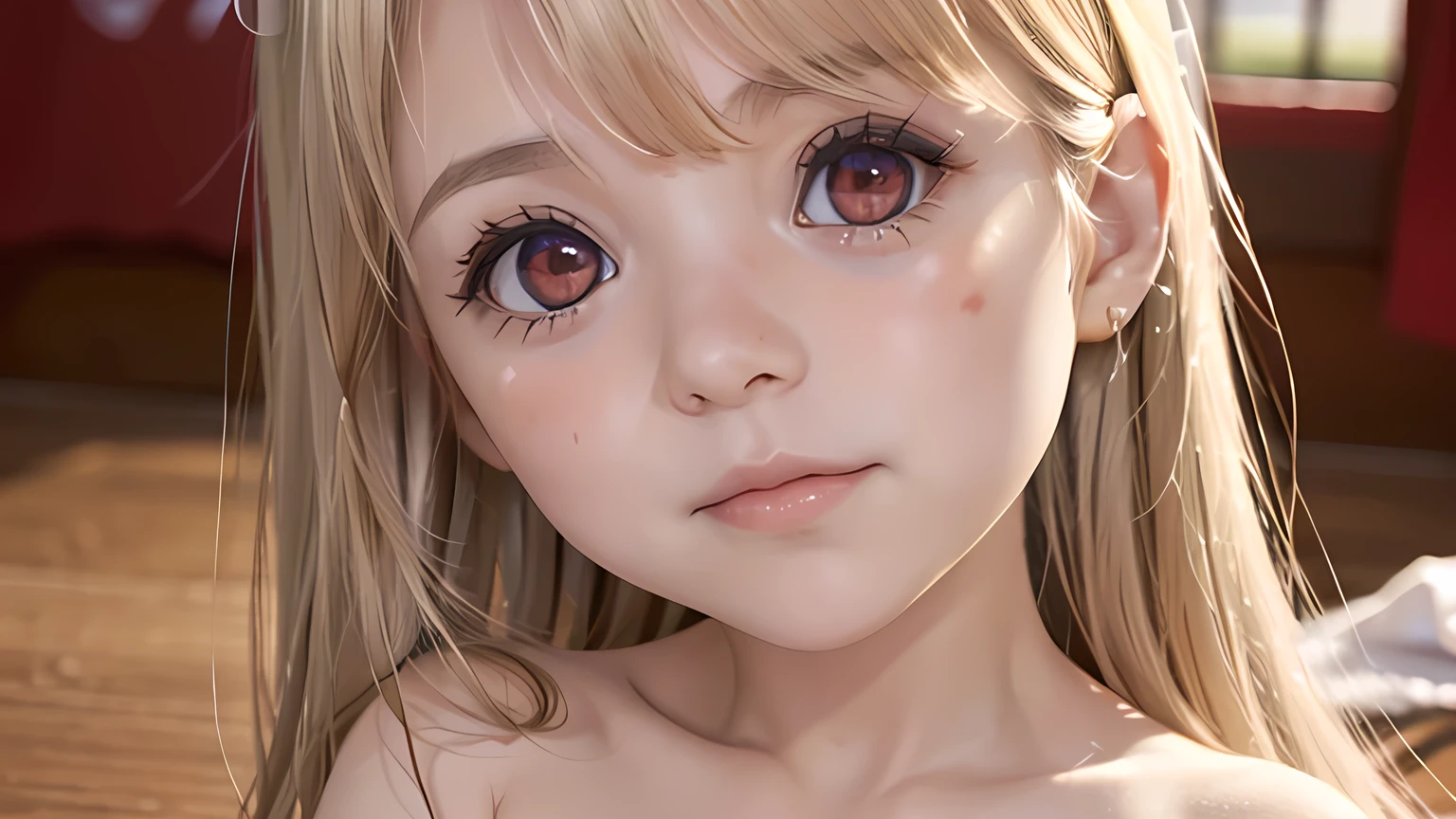 red ruby eyes, (best quality,4k,8k,highres,masterpiece:1.2),ultra-detailed,(realistic,photorealistic,photo-realistic:1.37), primary school girl showing vagina, long blonde hair and red ruby eyes, full body, cute completely naked girl showing pussy to camera while inside a crib, shy smile while looking at viewer, inside a crib, changing diapers, flat chest, short stature, adorable, round beautiful face, youthful,