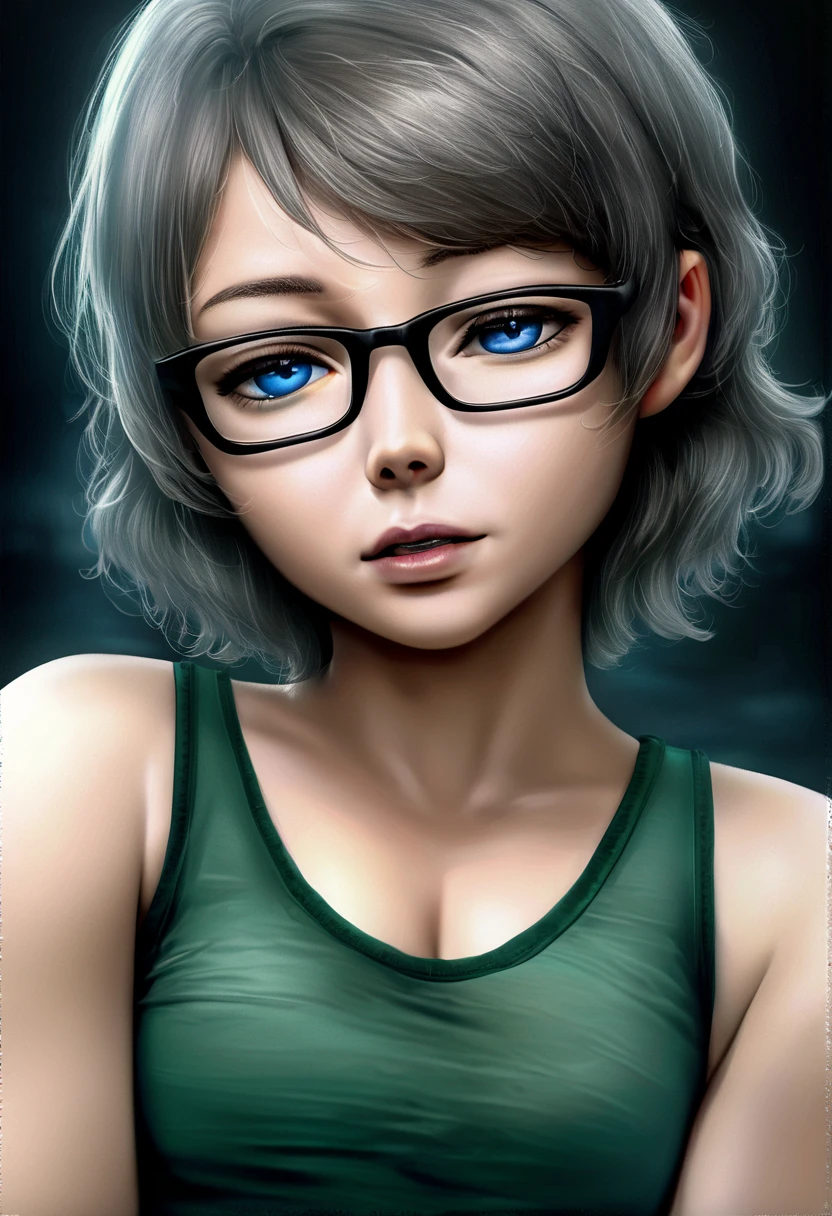 Watanabe you love live, realistic anime art style , medium hair,gray hair , blue eyes ,black-framed eyewear ,looking at viewer ,solo , green tank top, white shorts , standing,parted lips, night ,half closed eyes, cleavage