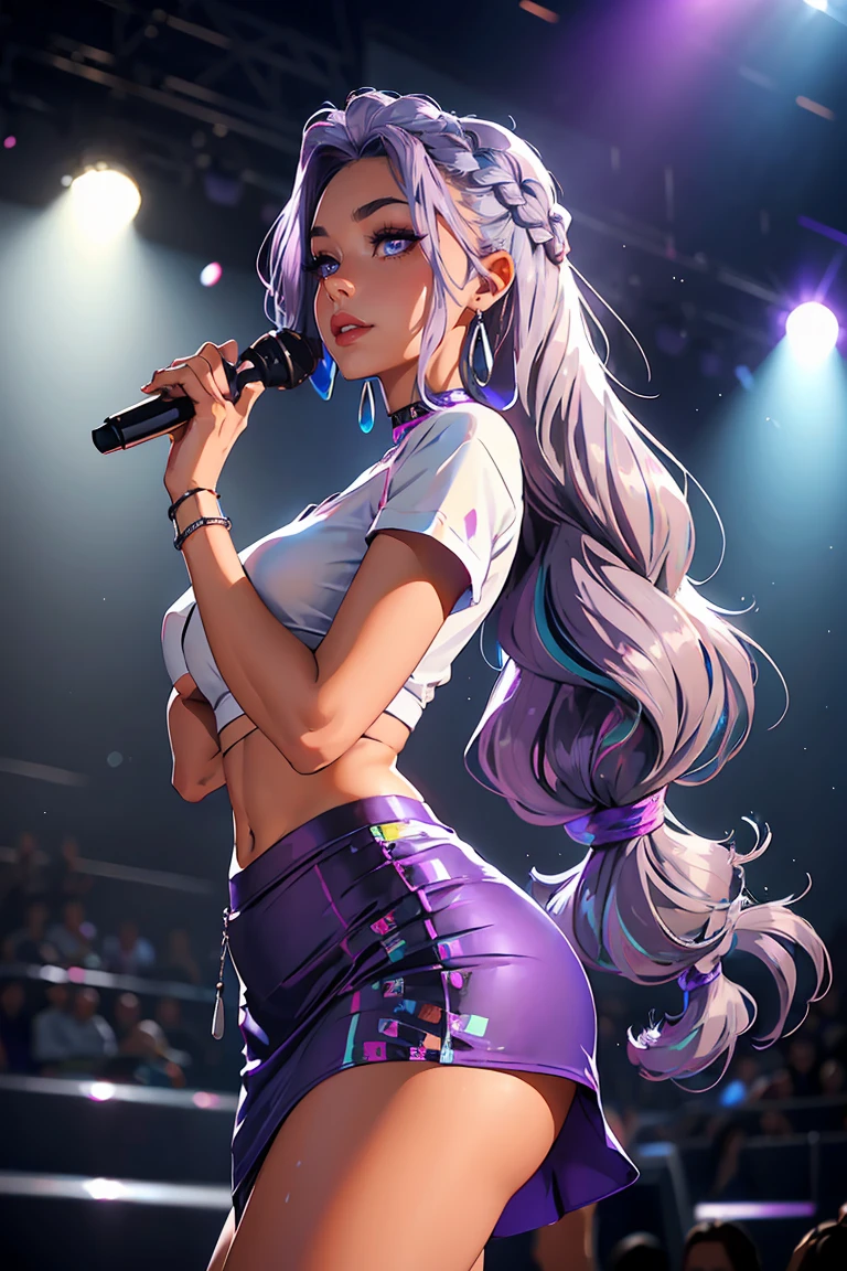 Goddess ((goddess-like woman)), slim elegant silhouette, masterpiece, (close angle), best quality, sweet face, (masterpiece:1,2, best quality), (real picture, intricate details), (1 lady , solo, medium , slim waistline, ), (blue eyes, silver purple hair, multicolored hair, white streaks, long hair:1.4) she has an impressive presence, bracelet, hoop earrings, beautiful face, beautiful eyes, she is wearing a black skirt and gray Crop Top, m3shm1cr0, skirt, short sleeves, midriff, crop top, hairstyle: short half tail, sweet irresistible smile, elegant pose, elegant hands, beautiful hands, perfect fingers , hairstyle: high half braid, sweet irresistible smile, elegant pose, elegant hands, beautiful hands, perfect fingers , Background: large concert hall, concert hall full of people, she is holding a microphone in her hand, she is a pop star/singer and is performing on a stage, she is completely in her element and feels the magic of music,bokeh