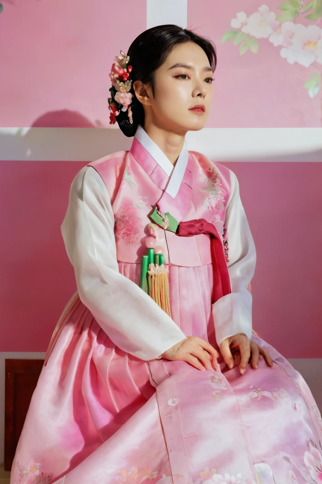 A Korean man in women's hanbok, hi is crossdresser, His face and hairstyle are very masculine, silk, Mother of the Bride hanbok Dress Outfit, breasts like a woman, pink and red, slender female body, floral pattern, satin, sit quietly