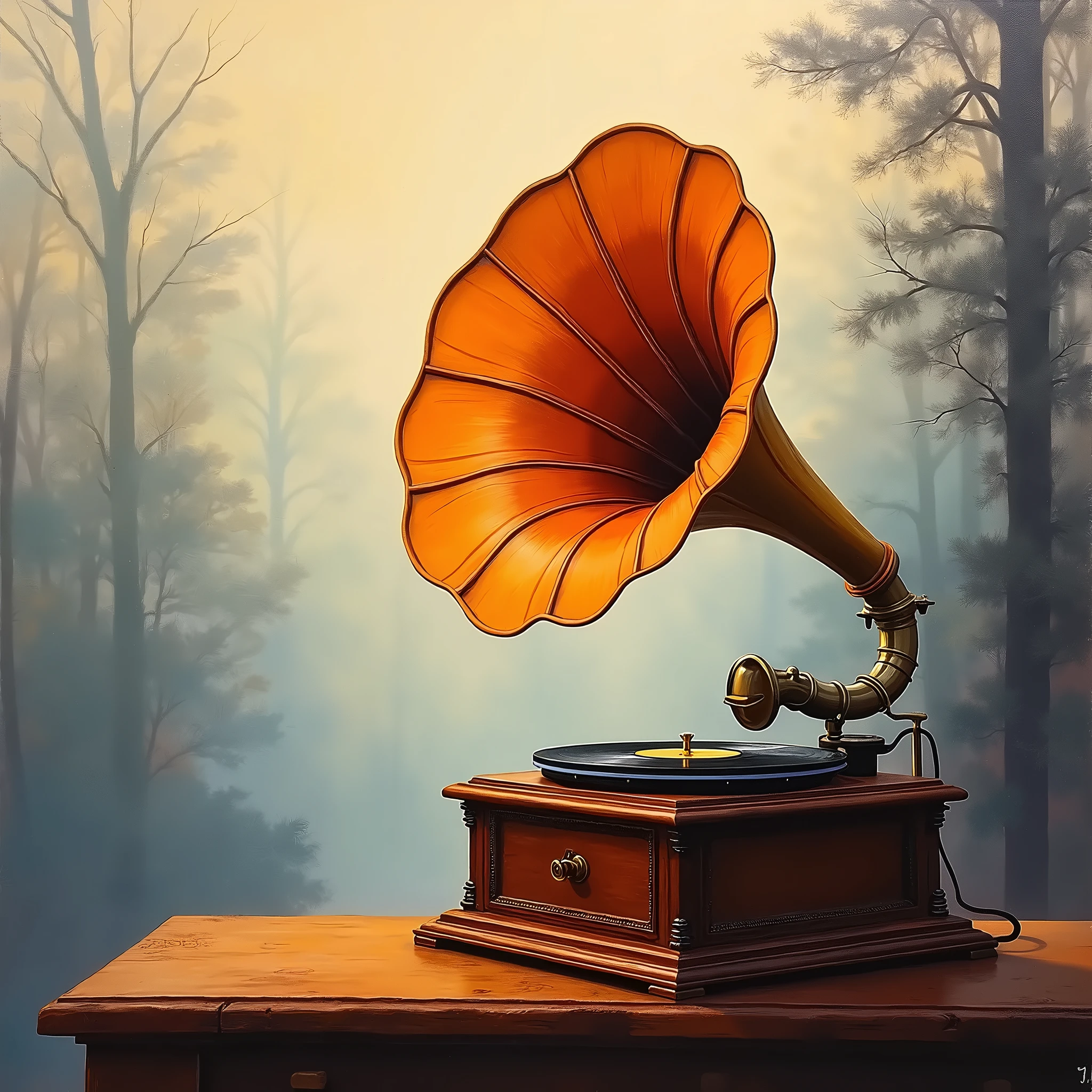 ((( painting with sputtering techniques:1.4, Fog painting ))),  colorful drawing of a gramophone 。Nostalgia、 warm shades 。