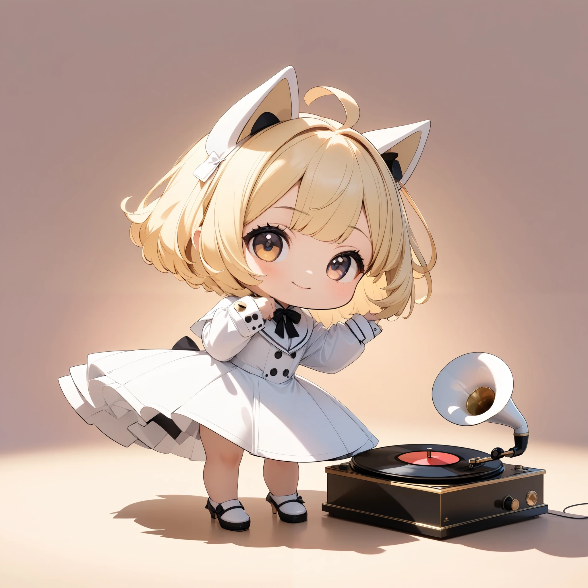 ChibiCute,  deformed,  deformedキャラクター,  1 girl,  watch viewers ,  cute pose ,  enjoy music with an old gramophone, Learn more about gramophones 、smile, (blonde,  short bob, White Dog Costume ,  Sit down,  Listening Posing ), whole body, ( Pastel Background , background gradient ),  chiaroscuro, ( best quality, 4K, 8k,  high definition , masterpiece:1.2),  Digital Painting .