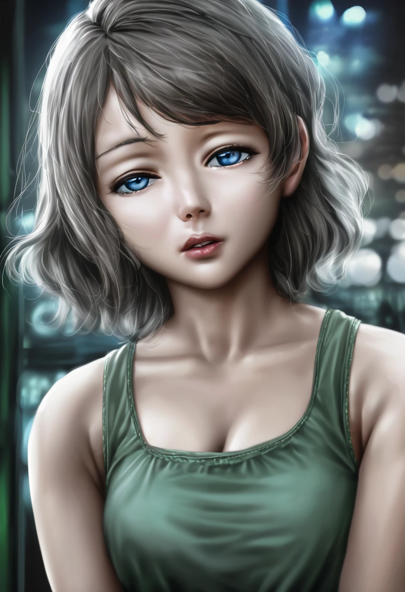 Watanabe you love live, realistic art style , medium hair,gray hair , blue eyes ,black-framed eyewear ,looking at viewer ,solo , green tank top, white shorts , standing,parted lips, night ,half closed eyes, cleavage, love live