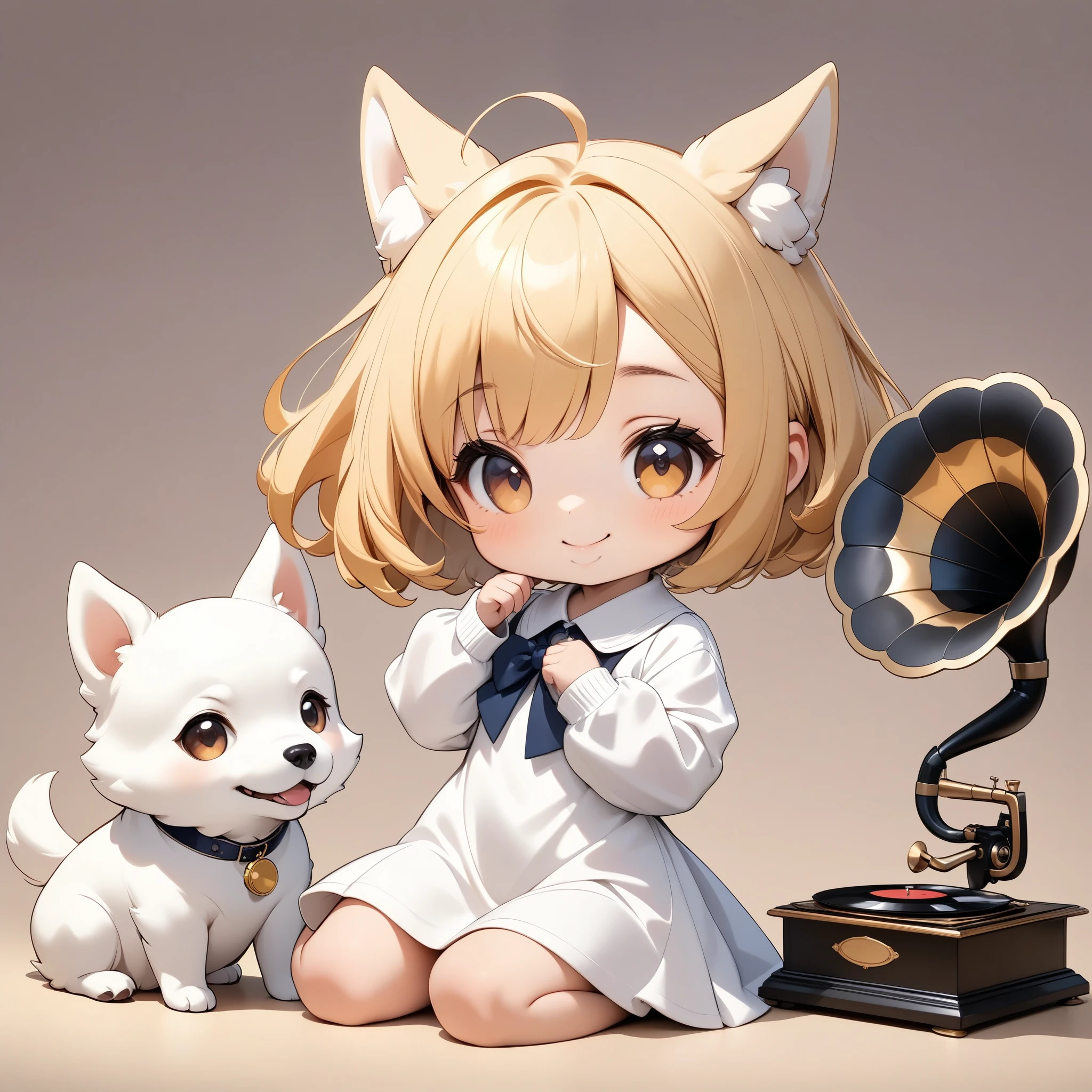 ChibiCute,  deformed,  deformedキャラクター,  1 girl,  watch viewers ,  cute pose ,  enjoy music with an old gramophone, Learn more about gramophones 、smile, (blonde,  short bob, White Dog Costume ,  Sit down,  Listening Posing ), whole body, ( Pastel Background , background gradient ),  chiaroscuro, ( best quality, 4K, 8k,  high definition , masterpiece:1.2),  Digital Painting .