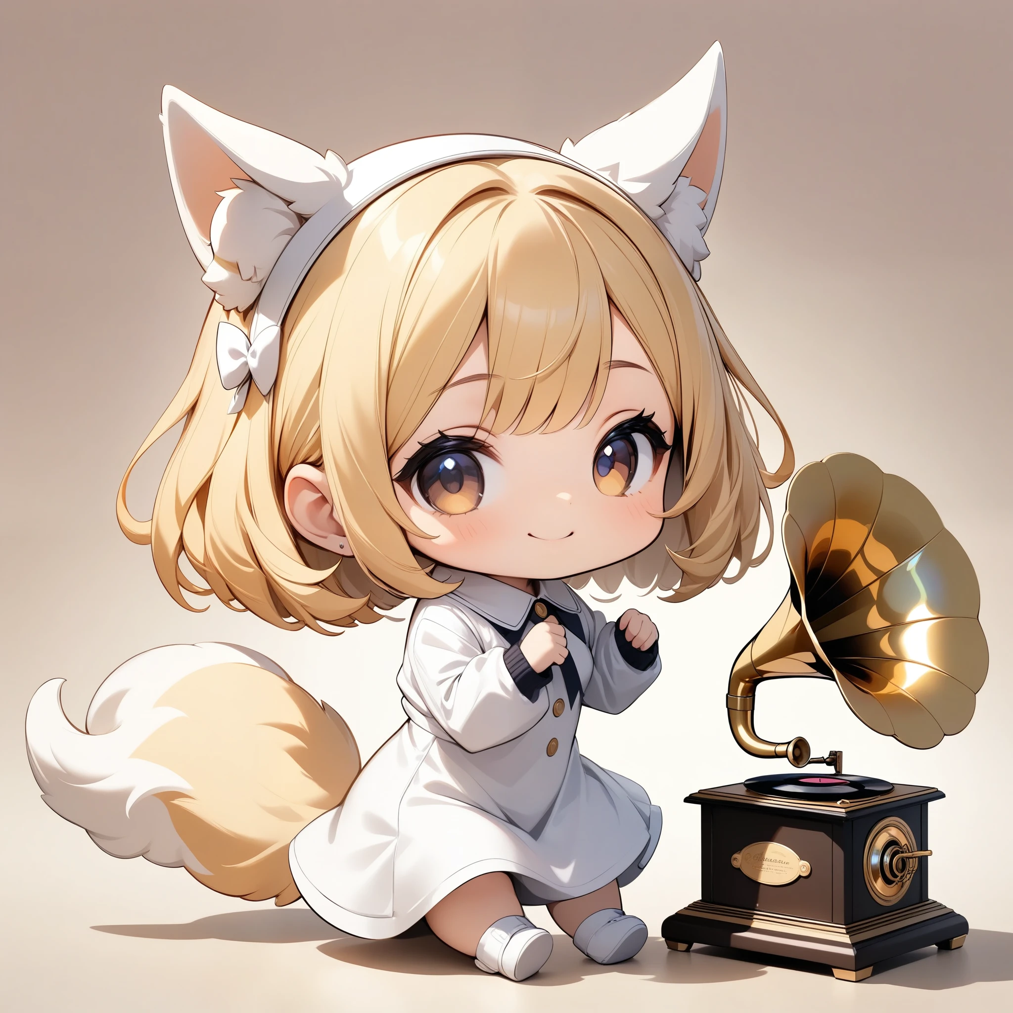 ChibiCute,  deformed,  deformedキャラクター,  1 girl,  watch viewers ,  cute pose ,  enjoy music with an old gramophone, Learn more about gramophones 、smile, (blonde,  short bob, White Dog Costume ,  Sit down,  Listening Posing ), whole body, ( Pastel Background , background gradient ),  chiaroscuro, ( best quality, 4K, 8k,  high definition , masterpiece:1.2),  Digital Painting .