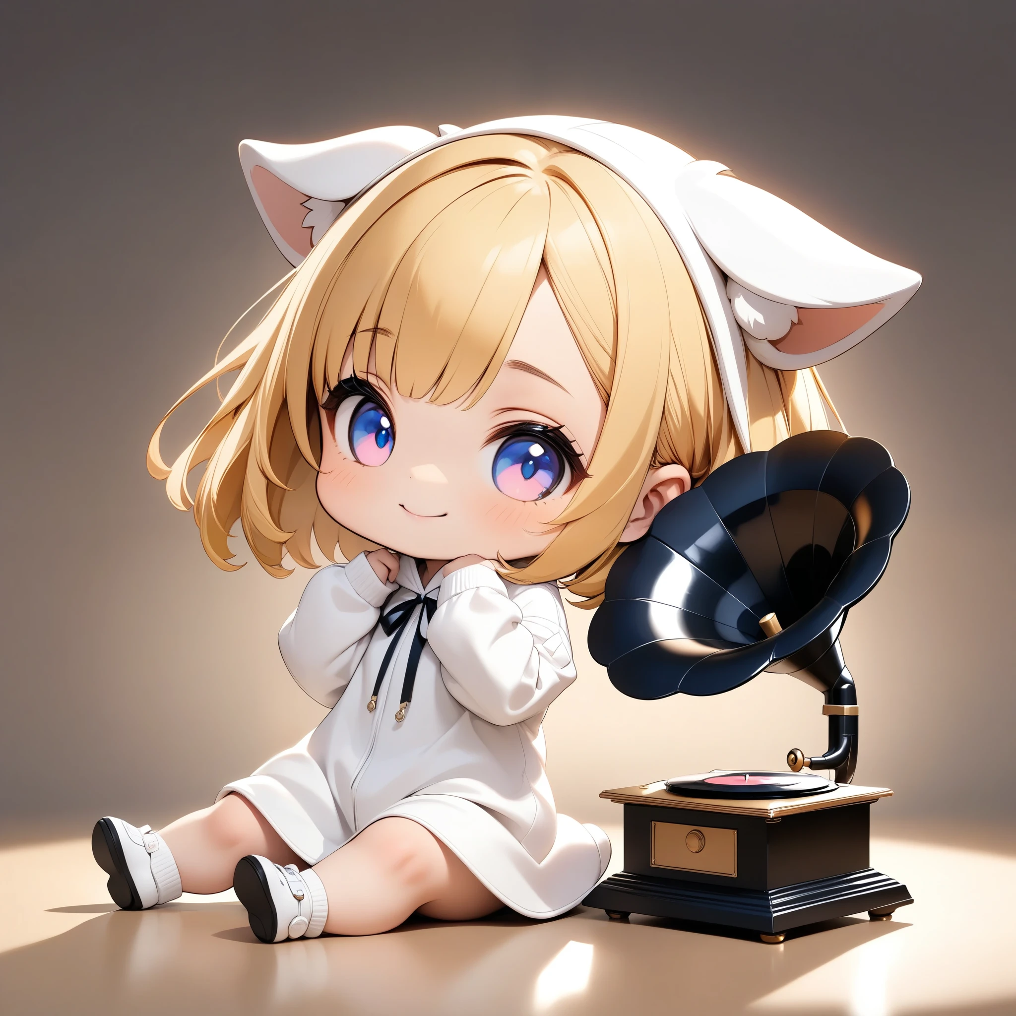 ChibiCute,  deformed,  deformedキャラクター,  1 girl,  watch viewers ,  cute pose ,  enjoy music with an old gramophone, Learn more about gramophones 、smile, (blonde,  short bob, White Dog Costume ,  Sit down,  Listening Posing ), whole body, ( Pastel Background , background gradient ),  chiaroscuro, ( best quality, 4K, 8k,  high definition , masterpiece:1.2),  Digital Painting .