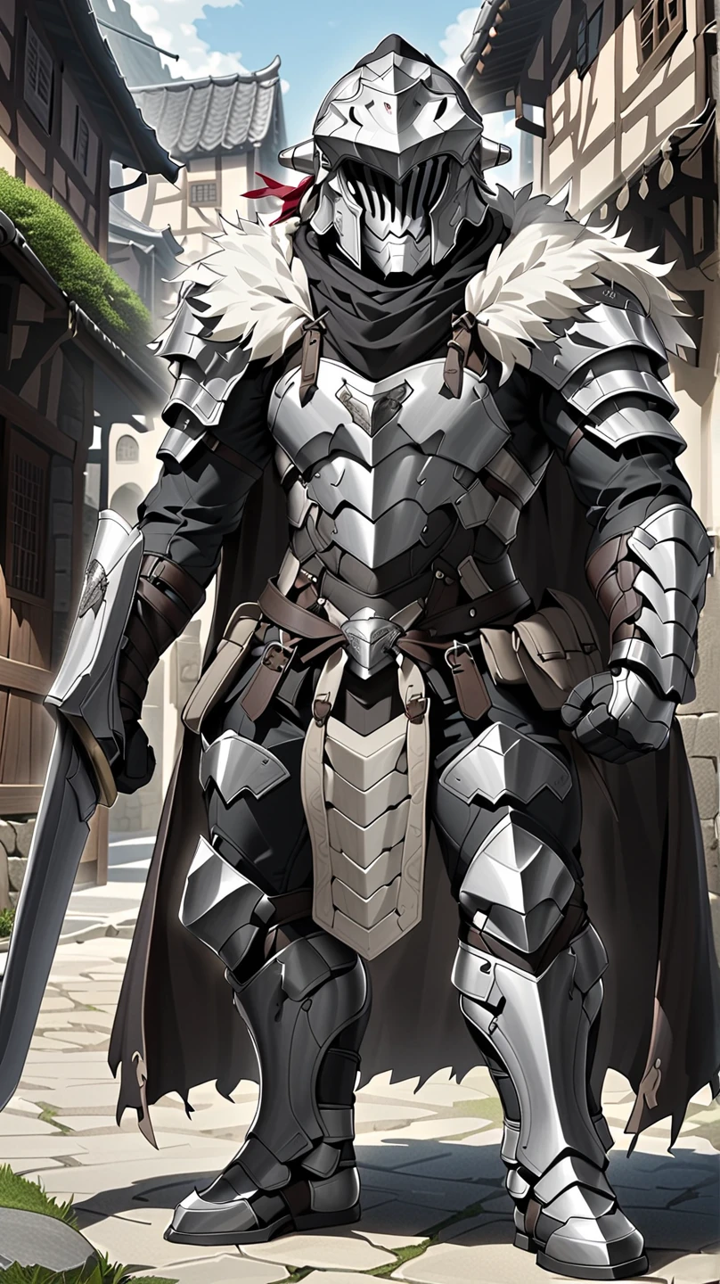 male.Goblin Slayer.Paladin,Wear heavy armor (platinum),helmet,karate,cloak,Fur collar , black fur cape. background village square .Standing. Full body photo , man,  Very detailed