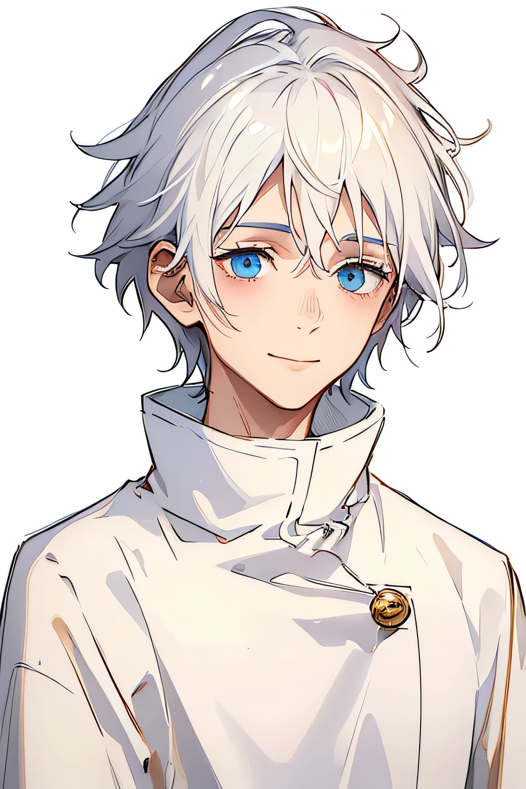 best quality, high quality,ulutra detailed,16k,line art,hard-edged,upper body,beautiful detailed eyes,deep detailed eyes,medium hair,flipped hair,white hair,young boy,doctor’s coat,medium hair,flipped hair,white hair,smile＋happy,beautiful detailed eyes,deep detailed eyes,no background