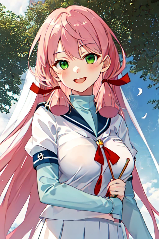  best quality, masterpiece,  high definition , Alone, {Akashi_ kantaicolection :1.15}, pink_hair, length_hair, hair_ribbon, ribbon, green_eye, tree々_ribbon, , breast, smile, open_mouth, big_breast,  1 girl, green_Sailor_ color, Watching_in_ viewer, Sailor_ color, School_uniform, Seraph, Simple_background, white_background, length_sleeve,  upper _body, hair_between_eye