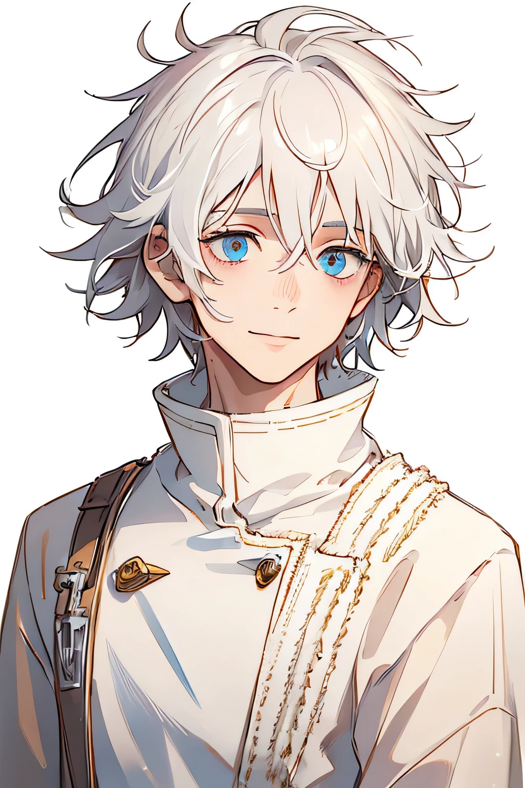 best quality, high quality,ulutra detailed,16k,line art,hard-edged,upper body,beautiful detailed eyes,deep detailed eyes,medium hair,messy hair,white hair,young boy,doctor’s coat,medium hair,messy hair,white hair,smile＋happy,beautiful detailed eyes,deep detailed eyes,no background