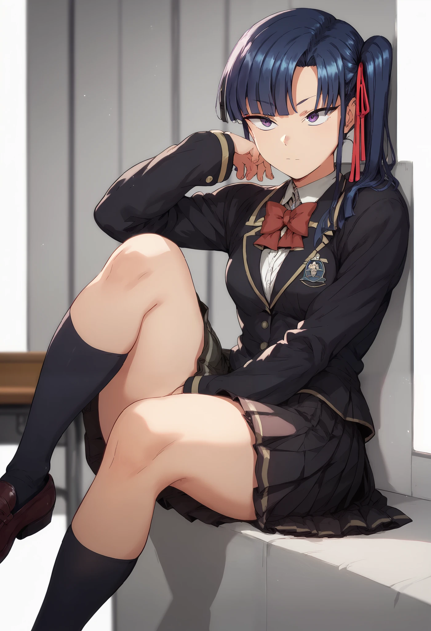 SakuraMiyajima,1girl,blue hair,side ponytail,purple eyes,hair ribbon,school_uniform,red bowtie,black blazer,long_sleeves, pleated_skirt, black socks,desnuda