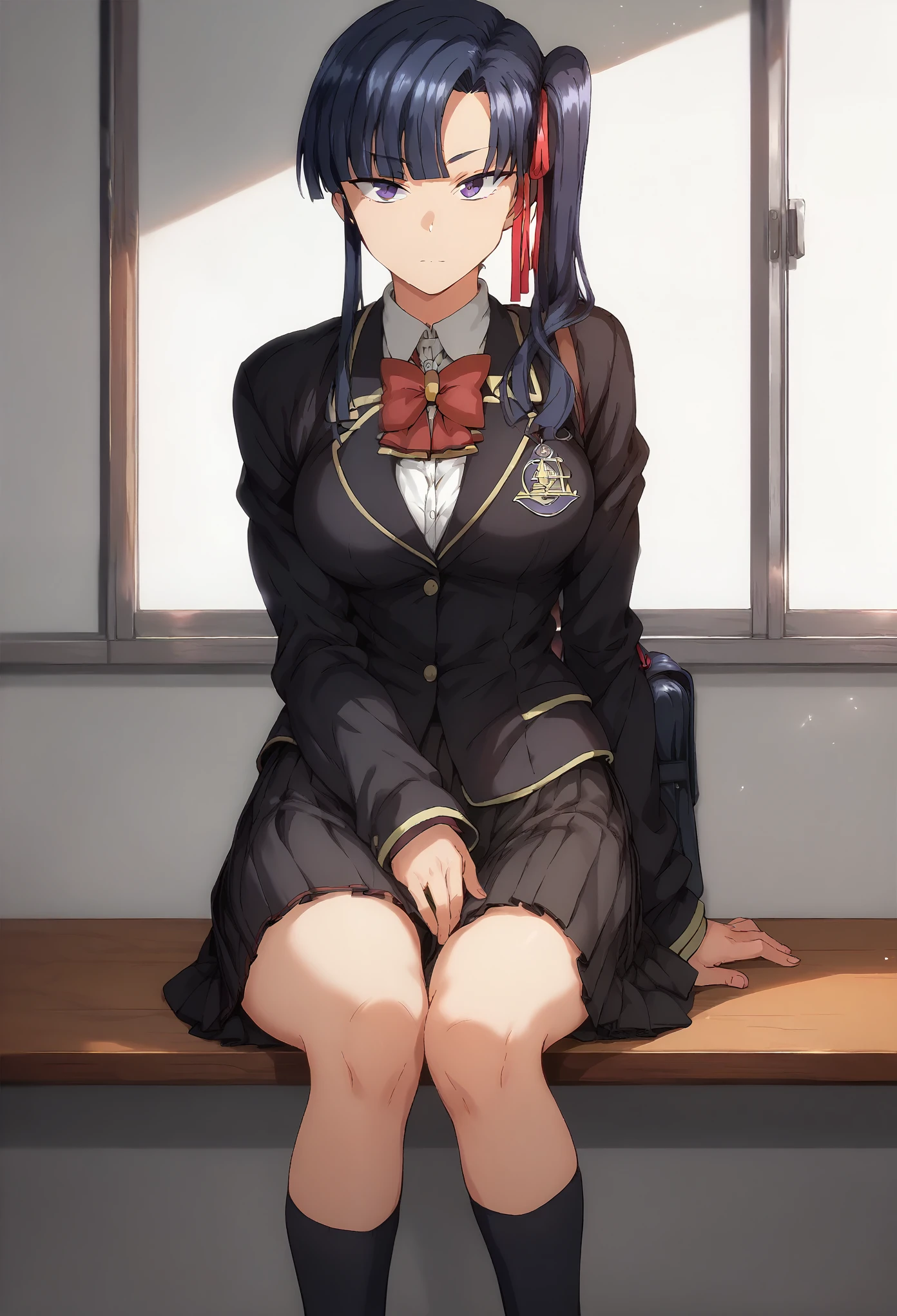 SakuraMiyajima,1girl,blue hair,side ponytail,purple eyes,hair ribbon,school_uniform,red bowtie,black blazer,long_sleeves, pleated_skirt, black socks,desnuda