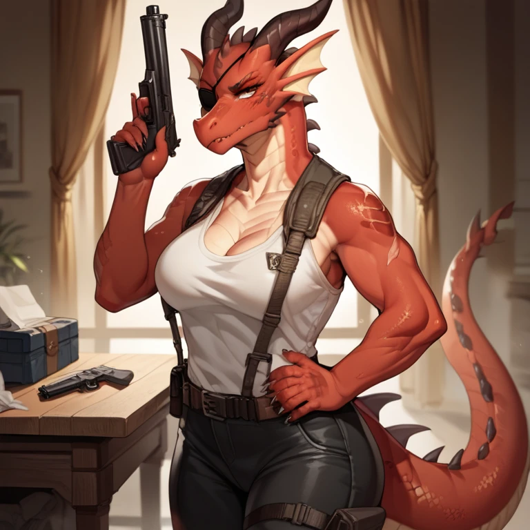 2d,girl,Dragon Red body,Dragon white with scars,Dragon tail scars,eye patch,serious look on the face,clothes on,in the Armory storage room with guns,Standing at the table,Guns Neatly in line,cleaning gun in hand,looking at gun.