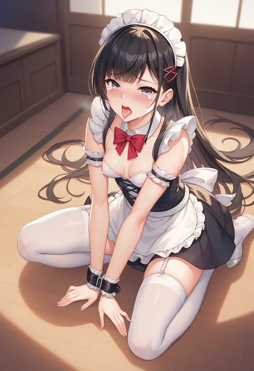 score_9, score_8_up, score_7_up, score_6_up, score_5_up, 
score_4_up,evaluation_ explicit ,source_anime,
BREAK
Full body image
BREAK
small tits 、 has small breasts、 beautiful black hair、Long Hair、 bondage
BREAK
maid clothes
BREAK
Breasts are exposed
BREAK
Disgruntled expression、 is crying、My cheeks are red
BREAK
dark room
BREAK
Lick the floor with your tongue