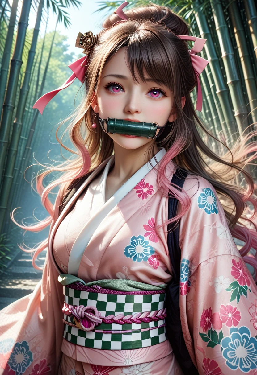 Masterpiece, best quality, high resolution, venus1,1girl, solo, Tsuko Kamato, bamboo, brown hair, (((pink ribbon)) checkered belt, gag, gag, gradient hair, haori, japanese clothes, kimono, long hair, looking at the audience, pink eyes, pink kimono, pink ribbon, solo,