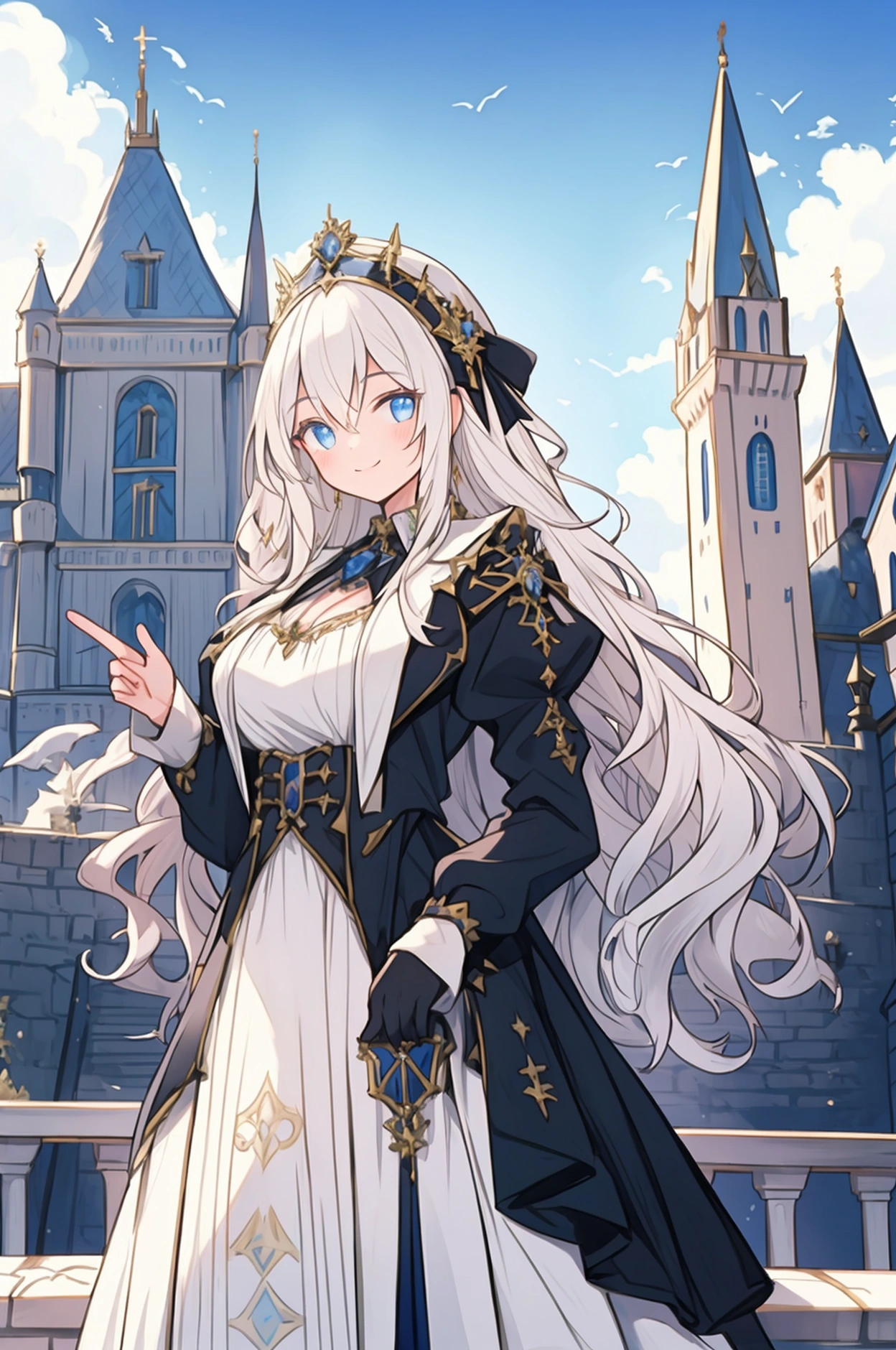 A young, beautiful and mysterious girl smiling while standing against the backdrop of an old European castle in the Lembron style made in rich colors