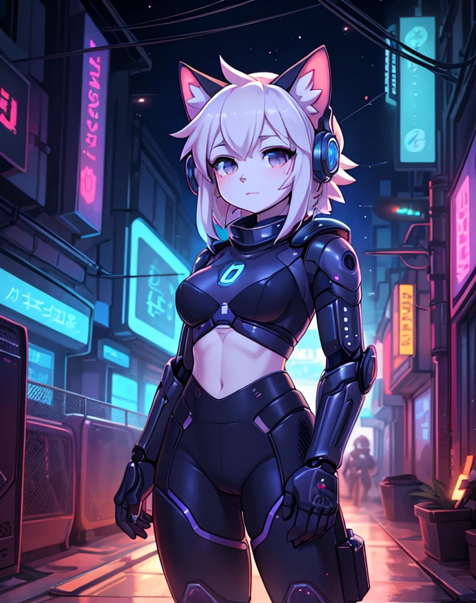 Shortcuts, Black Hair, Bob Hair, Large Breasts, Cat ear headphones, Character portrait, Decorative art, Full body of one person, neon