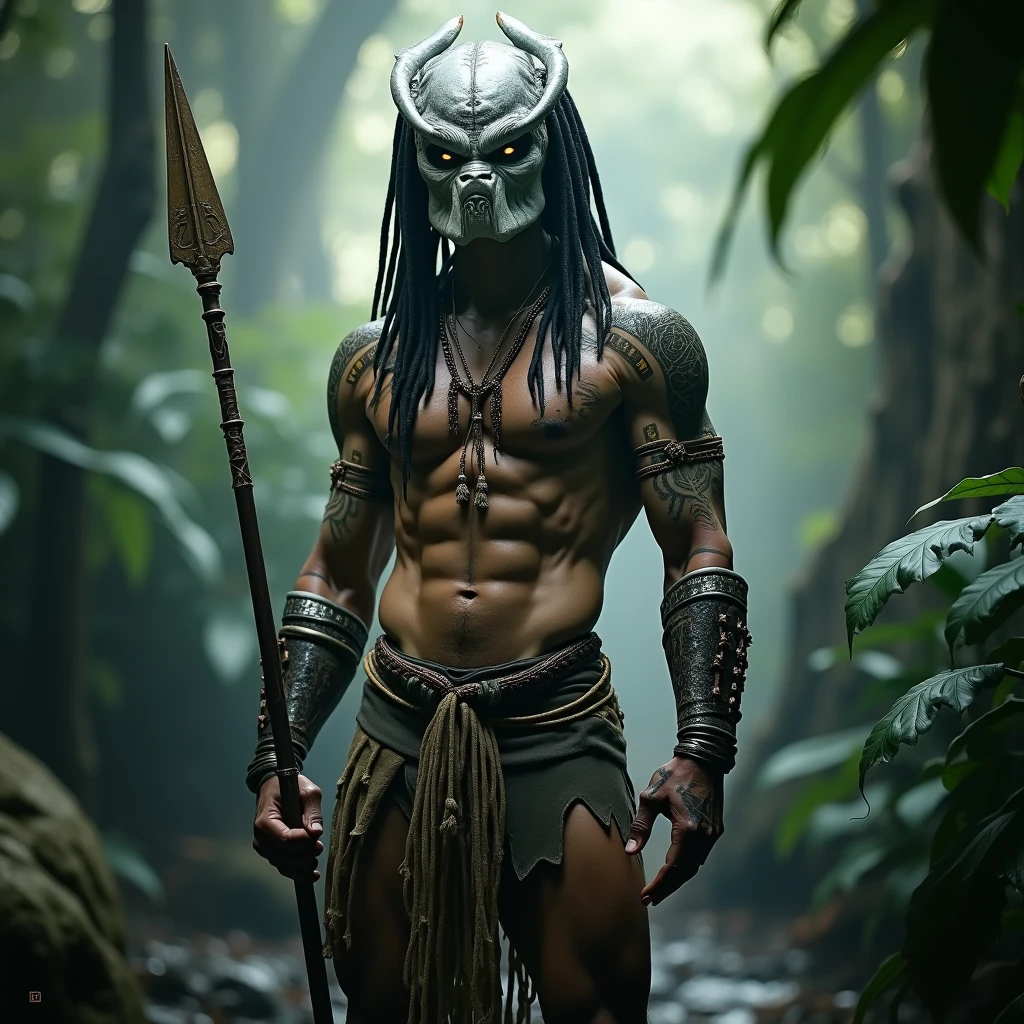 (a supernatural black Brazilian entity:1.1, half man:1.1, half ant, technorganic saber:1.1), (medium:1.2, digital art), detailed human anatomy, ant-like exoskeleton, glowing eyes, intricate tribal design, jungle background, vibrant colors, dramatic lighting