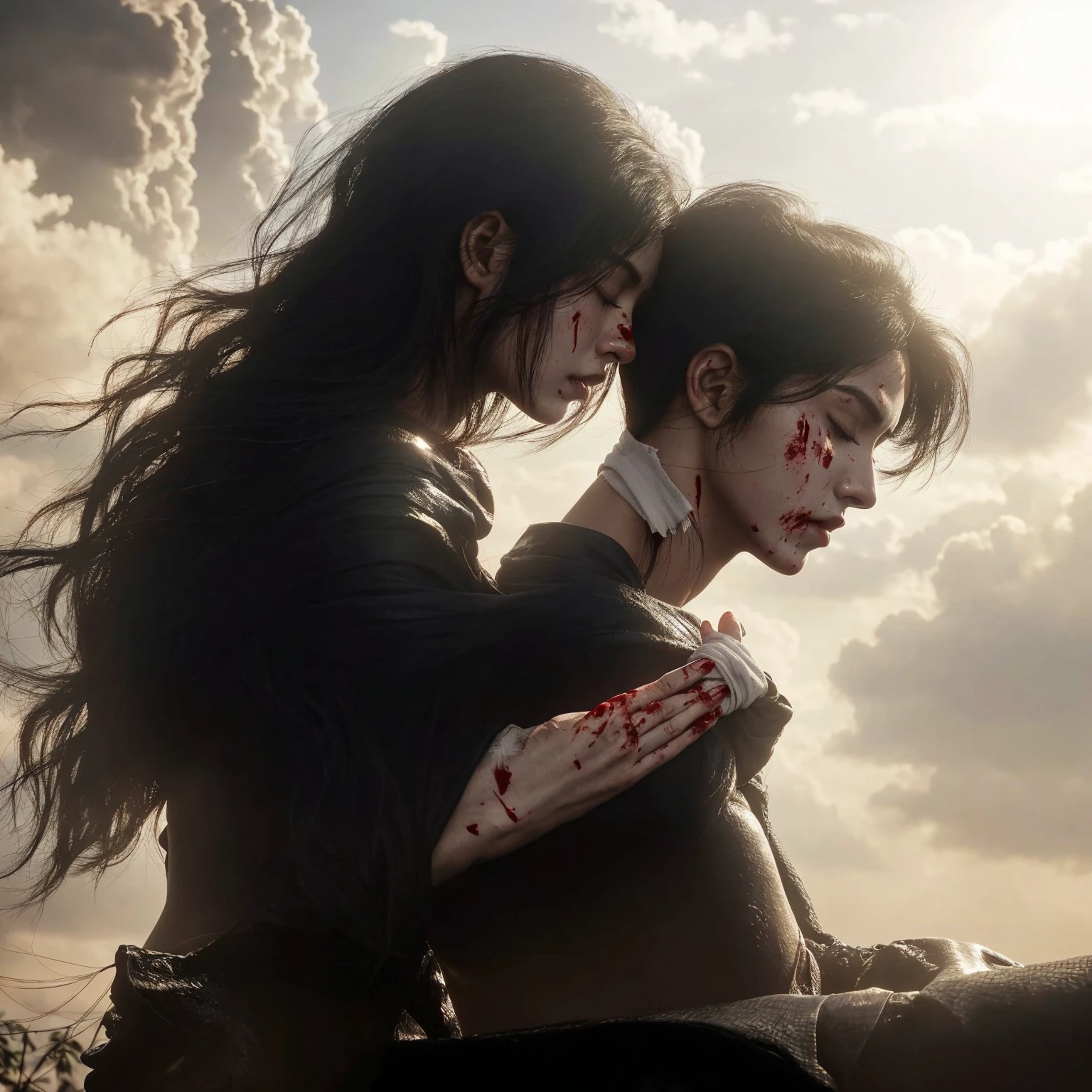In Anime-art style, pixiv, masterpiece, 1 girl, (Close-up:1.1),Very Close to the Viewer( only half of the face is visible), soft lighting, Bloody sky, bloody environment, bloody rain, dark silhouettes, красный blood vibe, red vibe настроение, red like your blood, vampire life, Gothic, mysterious facial expressions, tattoos, aesthetics, rings and finger rings, web, head covered with dark cloth, Vampirism, на заднем фоне dark silhouettes, the character is closer to the viewer, видно только one eye, Focus on the character, Close-up, symbolism, a ritual, mirrors and paintings in the background, reflections, on the avatar, Dark art style, Blood runs down his face, portrait, leader, leads the concept, silhouettes behind, chaos, the weather is terrible, someone is spectating on her, DALLE, Close-up больших демонических глаз, сложные eyes, Unique Demon Ghouls, These images feature a dark, anime-style warrior with intricate tattoos and glowing red eyes, holding a blood-stained katana. The background includes a moonlit scene with shadowy samurai figures and a mysterious reaper, balanced to give equal focus to both the warrior and the background elements, creating a masterpiece, Digital art, city on the skyline, dark lighting, permission 1:1, blond hair, kimono, katana, Shanghai, nails painted black, in detail, moon and shadows, eyes, в eyesх отражение битвы, mysticism in the background, split personality, в eyesх готовится к битве, необычные eyes, scene, add more details, dark, fingers are proportional, serious look, holding a katana in his hands, only half of the face is visible, dystopia, night lighting, motion blur, красная и кровавая aesthetics, one eye, Close-up