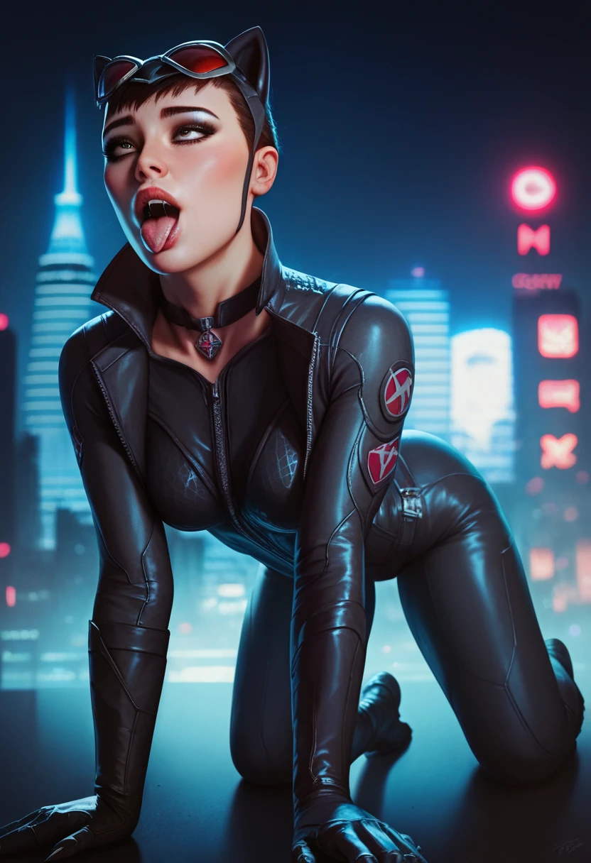 a beautiful female catsuit-wearing woman, arched back, on all fours, erotic ahegao facial expression, night cityscape background, Gotham city, detailed facial features, realistic lighting, high detail, cinematic composition, dramatic shadows, neon lighting, dark moody atmosphere