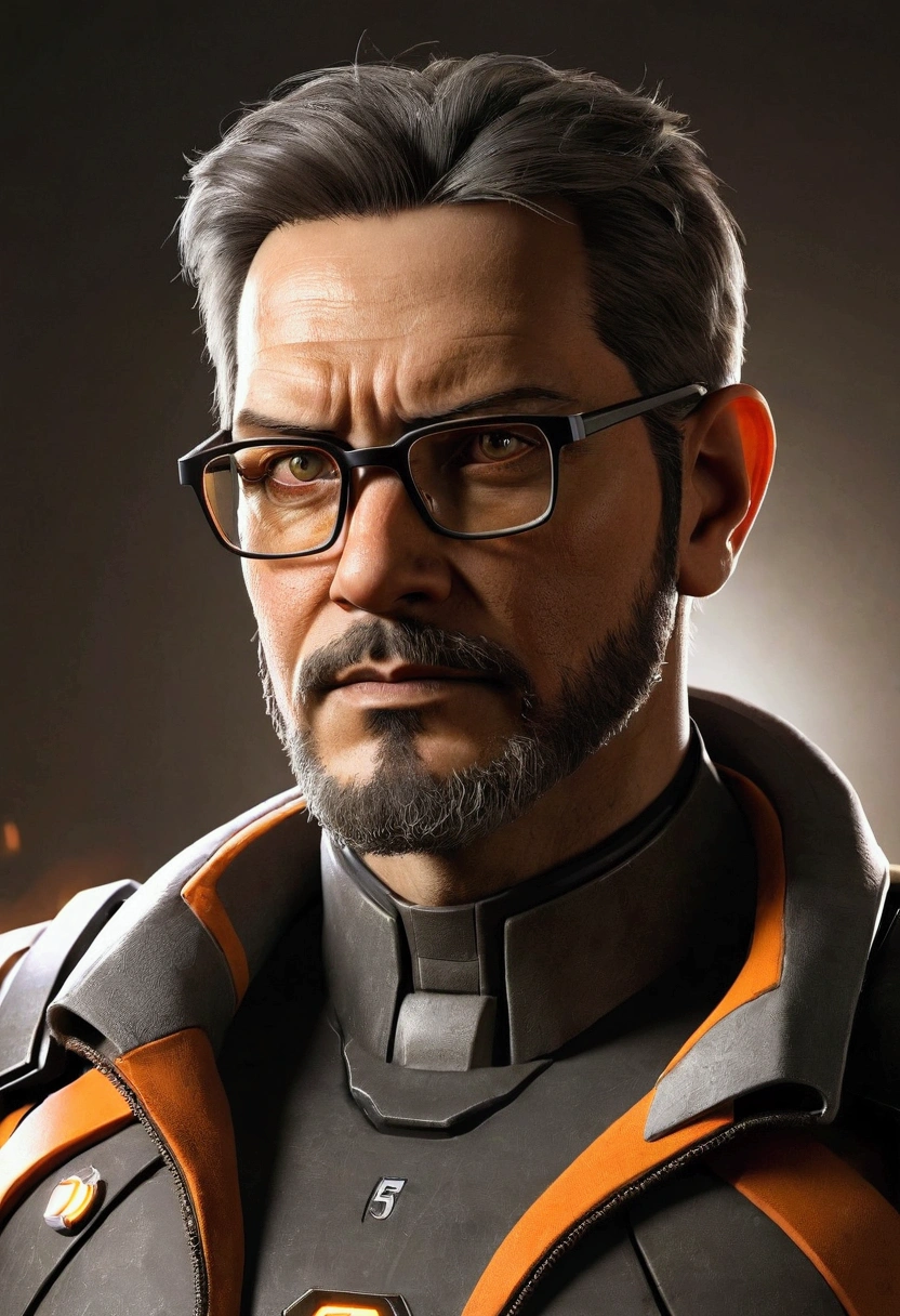 1 man, male, portrait, Epic,  epic pose ,  epic lighting , Gordon Freeman, одежда Gordon Freeman, Костюм H.and.v. 5 models ,  man with short hair with a neat beard with eyeglasses 