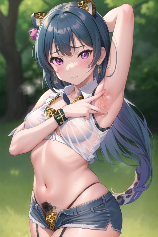 ultra-detailed,
master piece,best quality,high resolution,
beautiful eyes,detailed eyes,detailed face,
beautiful detailed eyes,symmetrical clear eyes,
1girl,Yoshitsu Island,  Yoshiko Tsushima, Blue Hair, Hair Bun, (Purple eyes:1.1), One-sided bun, bangs, Long Hair, (Small breasts:1.3),(medium breasts:1.5),(spread armpits:1.5),指でArmpitを拡げる,slutty_clothes,(improve:1.2), cleavage, jewelry, earrings, open clothes,tiny shirt,see-through shirt, tented shirt, unbuttoned shirt,(sleeveless shirt:1.5),knot, Bra peek, lace-trimmed Bra, (leopard print_Bra:1.3),lace-trimmed legwear, garter straps, oil, hoop earrings,hyper low rise pants,string shorts,nsfw,(Armpit:1.5),( too thick thighs:1.1), big butt ,sweat,Armpitsweat,赤らんだArmpit,(脂ぎったArmpit:1.5),(艶のあるArmpit:1.2),(肉厚なArmpit:1.1),(pubic hair:1.5),blush,(vapor:1.4),