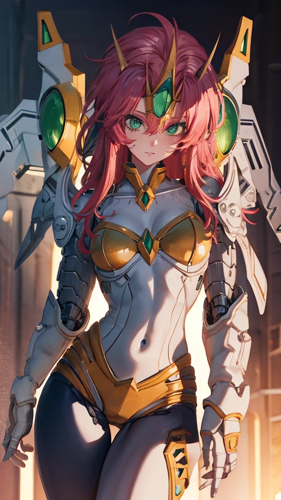 valsione r, long hair, red hair, green eyes, medium breasts,pink hair,cleavage,navel,mecha musume, mechanical parts, mecha armor, shoulder plates, robot, mechnical wings,masterpiece,Noise Reduction,perfect anatomy,high resolution, ultra-detailed, ultra-detailed face,game cg,dutch angle ,beautiful detailed eyes,visualart,five fingers, perfect hands, perfect lighting, sparkling pupils,(highly detailed:1.5),