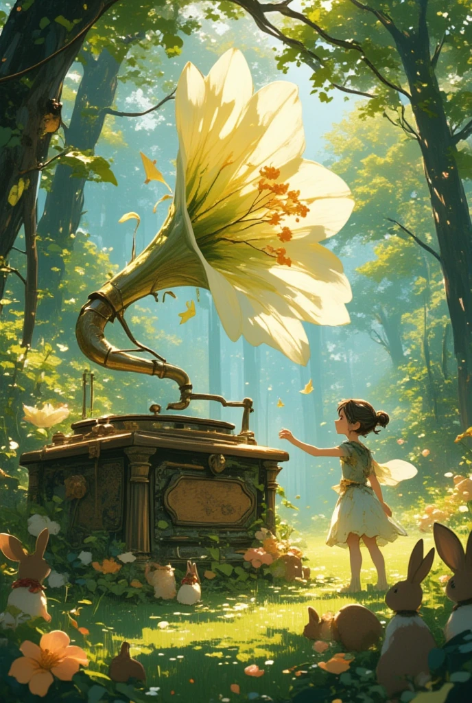 ultra-small deformation, Chibi Cute, Listening to music in the forest, vintage record player, gramophone made of lilies, fairy elf turning the handle of the gramophone, musical notes playing from the gramophone, audience includes various kinds of forest animals