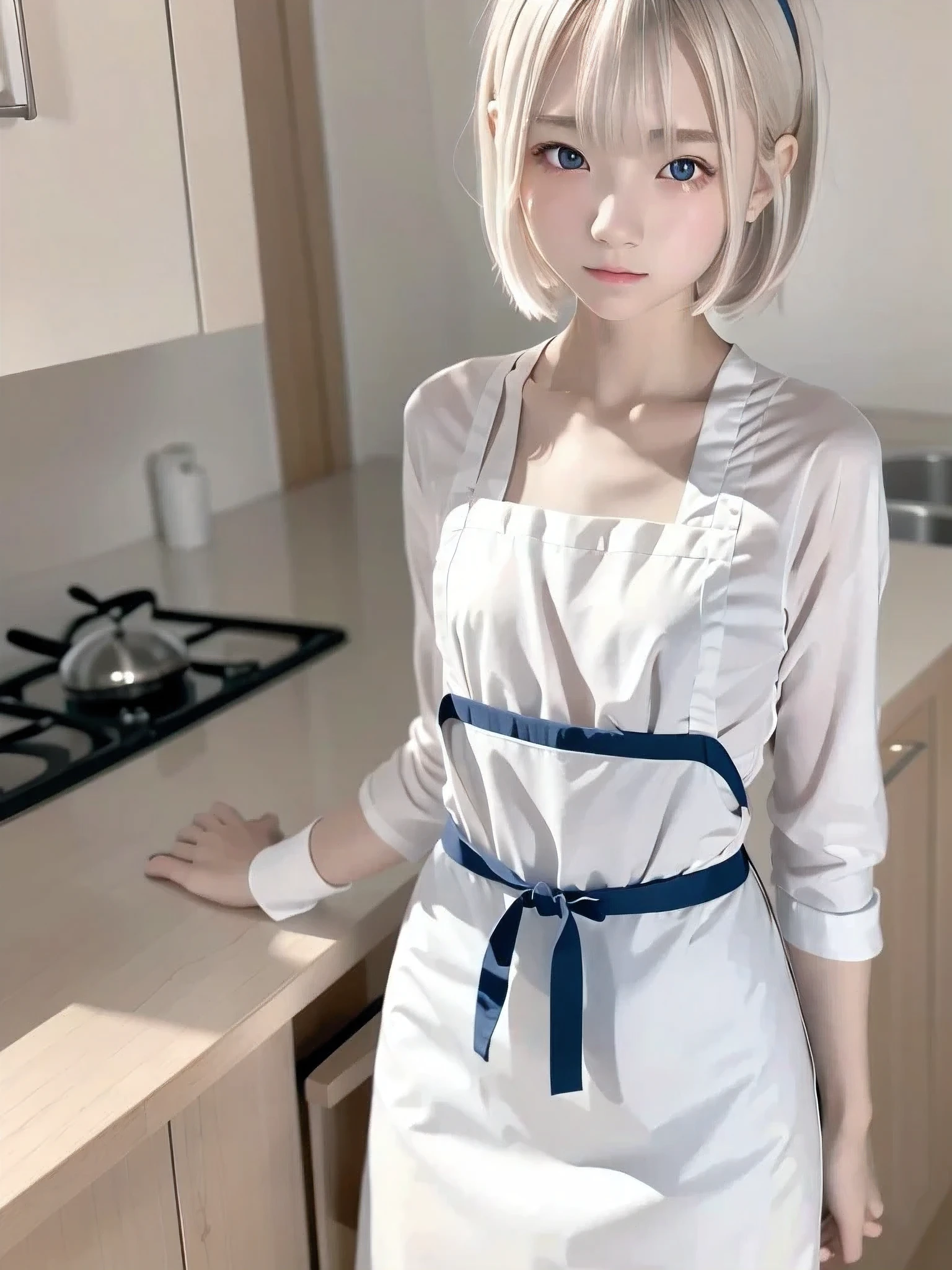  1 girl, Alone, Slender body,  flat chested, (Gray Hair),  perfect face,  cool girl ,  ager with pants slipping, indoor,apron