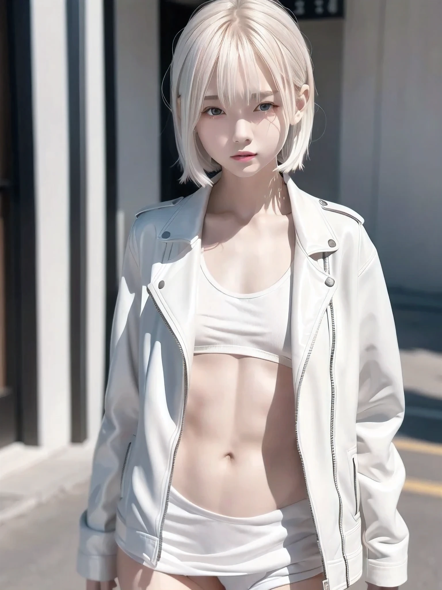 1 girl, Alone, Slender body, flat chested, (Gray Hair), perfect face, cool girl , ager with pants slipping, road, street, cool face , Leather Jackets