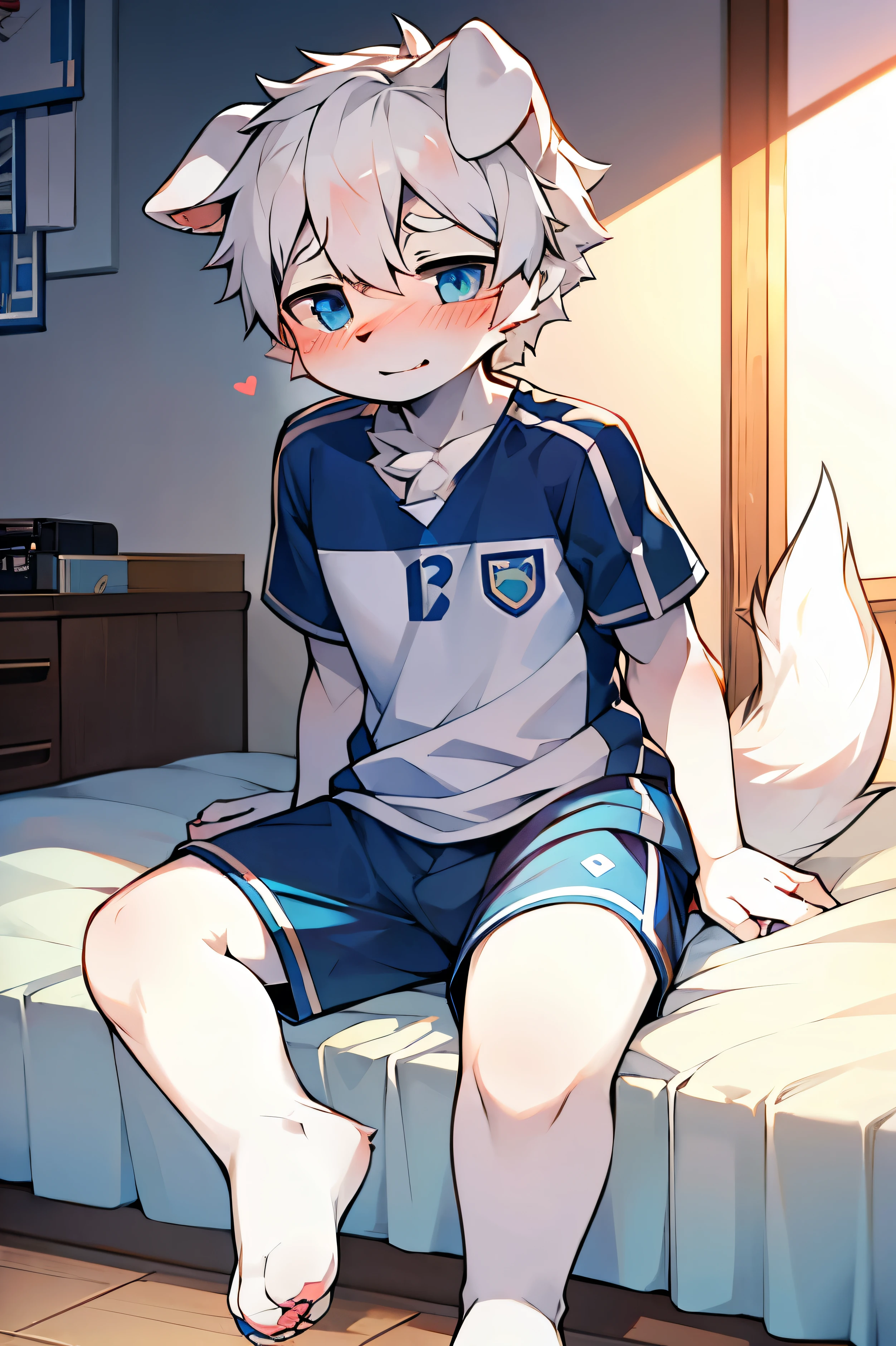 Puppy, wolf, boy, cute,white hair, blue eyes, floppy ears, blushing, sitting on the bed, wearing like a soccer player