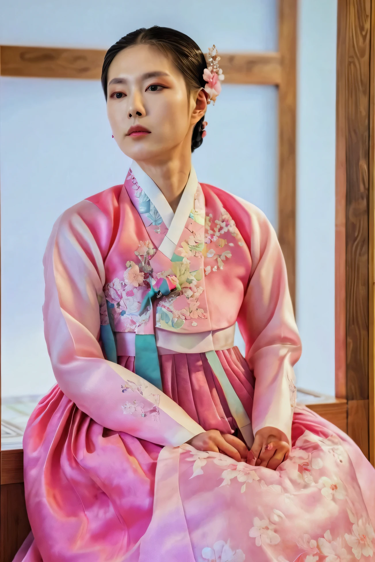 A Korean man in women's hanbok, hi is crossdresser, His face and hairstyle are very masculine, silk, Mother of the Bride hanbok Dress Outfit, breasts like a woman, red and pink, slender female body, floral pattern, satin, sit quietly