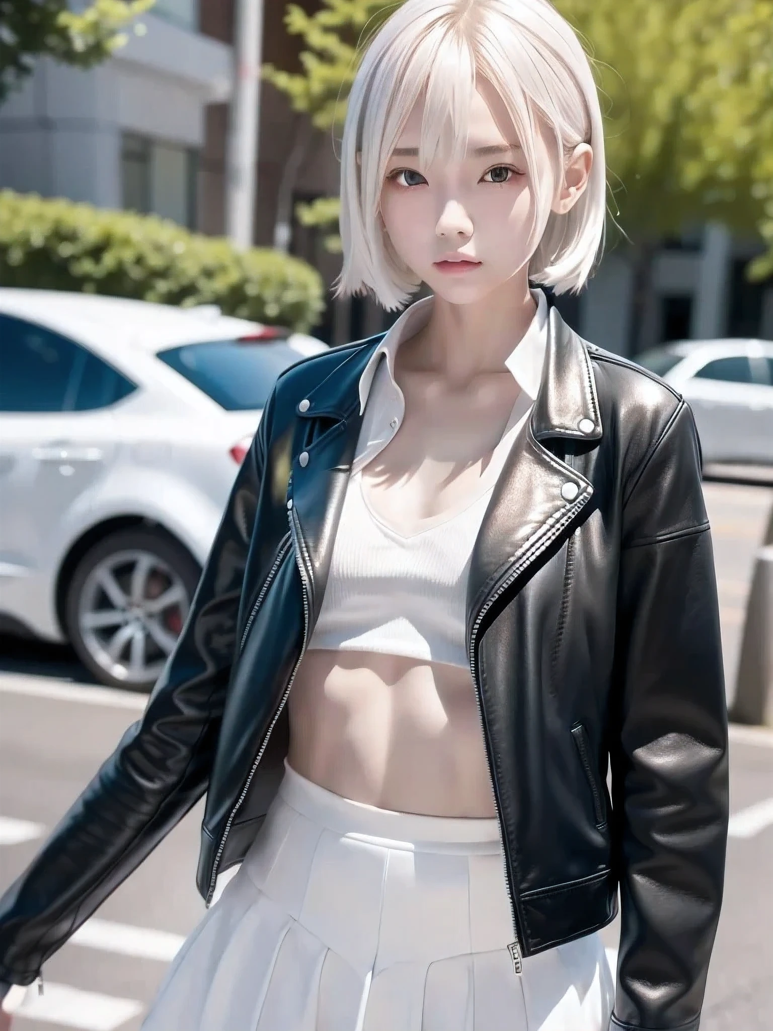 1 girl, Alone, Slender body, flat chested, (Gray Hair), perfect face, cool girl , ager with pants slipping, road, street, cool face , Leather Jackets