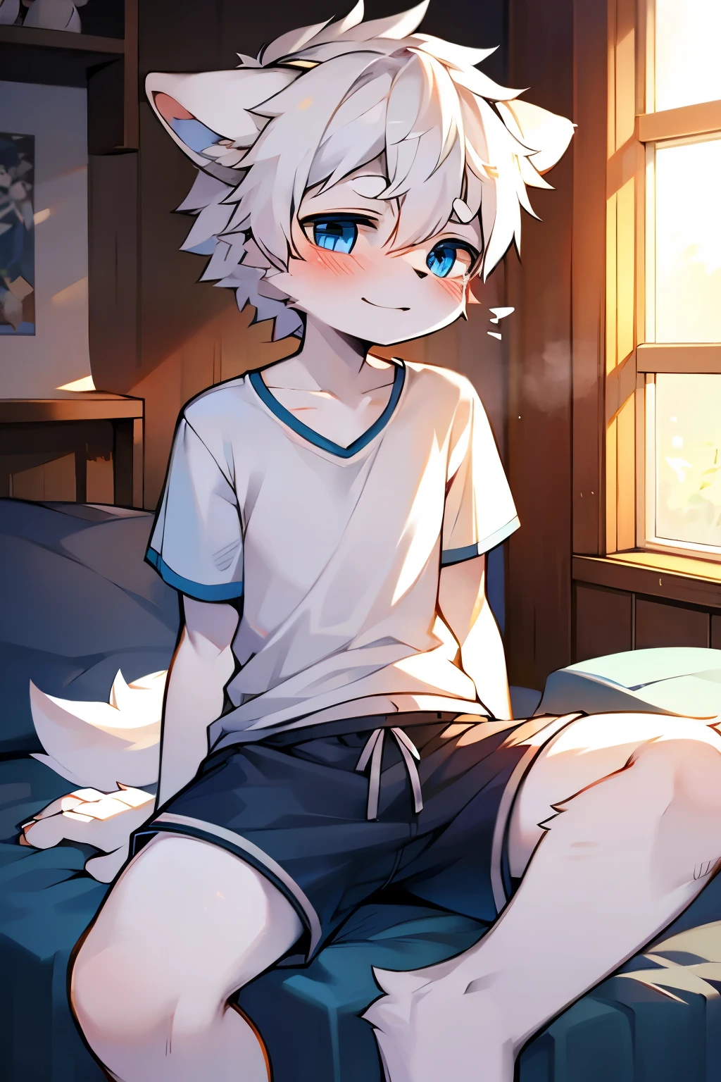 Puppy, wolf, boy, cute,white hair, blue eyes, blushing, sitting on the bed, wear shorts and t-shirts