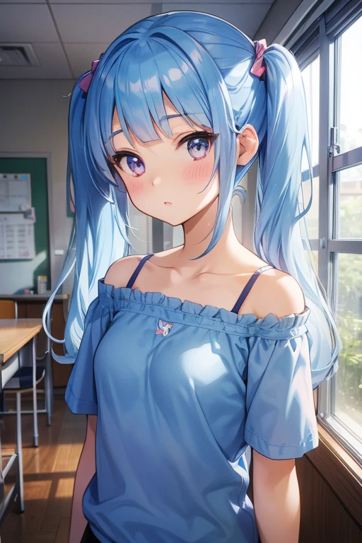 kananmatsuura, Kanan Matsuura, blue hair, long hair, ponytail, (Purple eyes:1.1), Side locks, (medium breast:1.2), break aqua scarf, gray sailor necklace, gray skirt, miniskirt, Scarf, pleated skirt, sailor necklace, sailor shirt, School uniform, Serafuku, shirt, skirt, summer uniform, Uranohoshi school uniform, white shirt, break looking at viewer, BURGLARY indoors, classroom, break (piece master:1.2), best quality, very high resolution, Unity 8k wallpaper, (illustration:0.8), (beautiful eyes detailed:1.6), Extremely detailed face, perfect lighting, extremely detailed CG, (perfect hands, anatomy