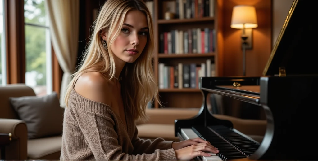 Nexia is sitting at a grand piano in a cozy, warmly lit room filled with books. She has long, slightly wavy brown hair with blond streaks. Her side profile is clearly visible, with her body and head turned away from the viewer. Her eyes are completely focused on the piano keys, looking directly down at them. She is not making any eye contact with the viewer or the camera. Nexia’s gaze is fixed only on the piano keys, as if she is studying them intensely. Her fingers rest lightly on the keys, and she is lost in concentration. Eyes looking only at the piano, not even glancing towards the camera. She wears an oversized off-shoulder sweater. Make sure Nexia is looking exclusively at the piano keys and not towards the camera or viewer.