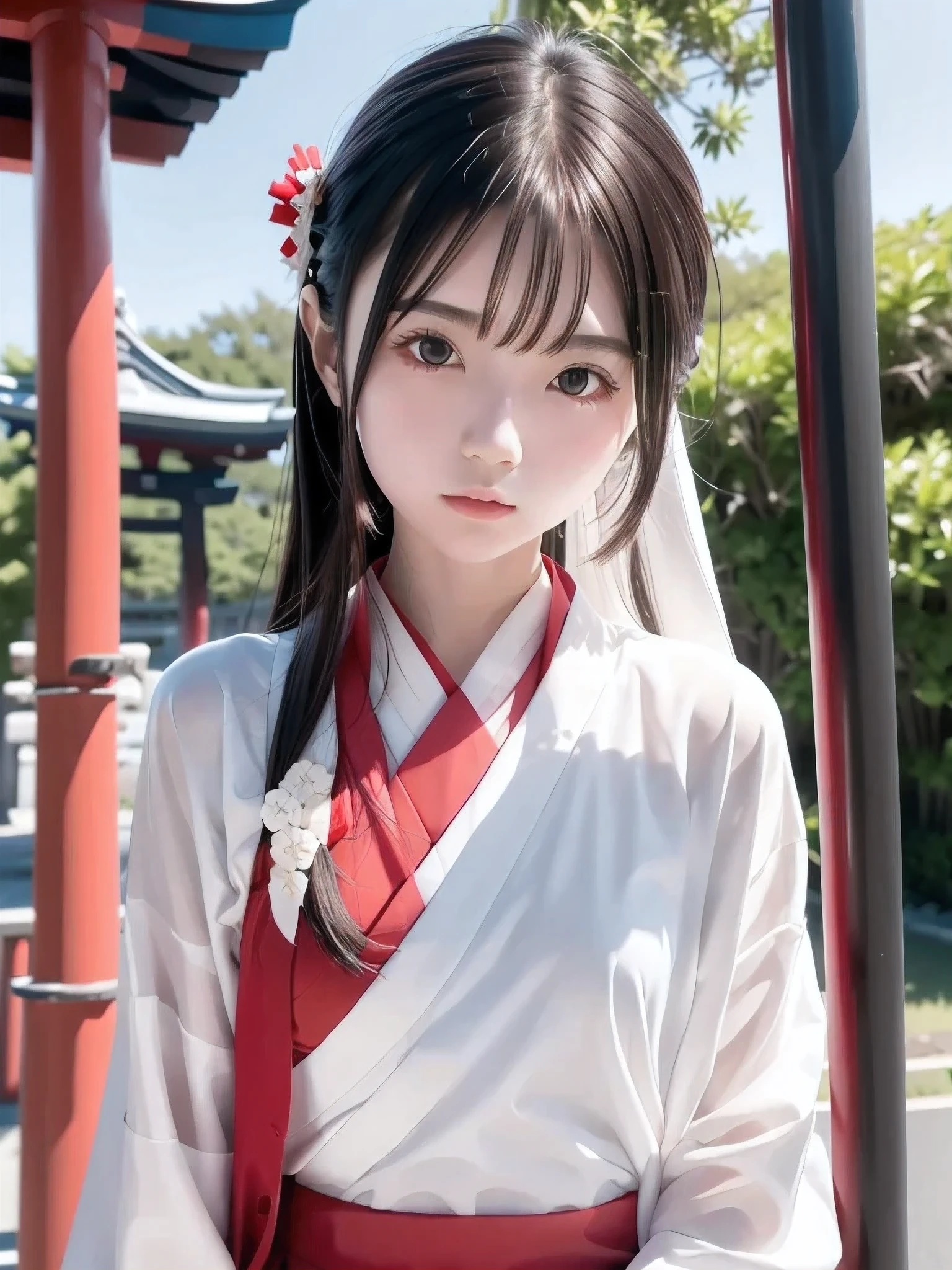  1 girl, Alone, Slender body,  flat chested, ( black hair),  perfect face,  cool girl ,  ager with pants slipping, 神社のShrine maiden,Shrine maiden, red clothes,  pretty face