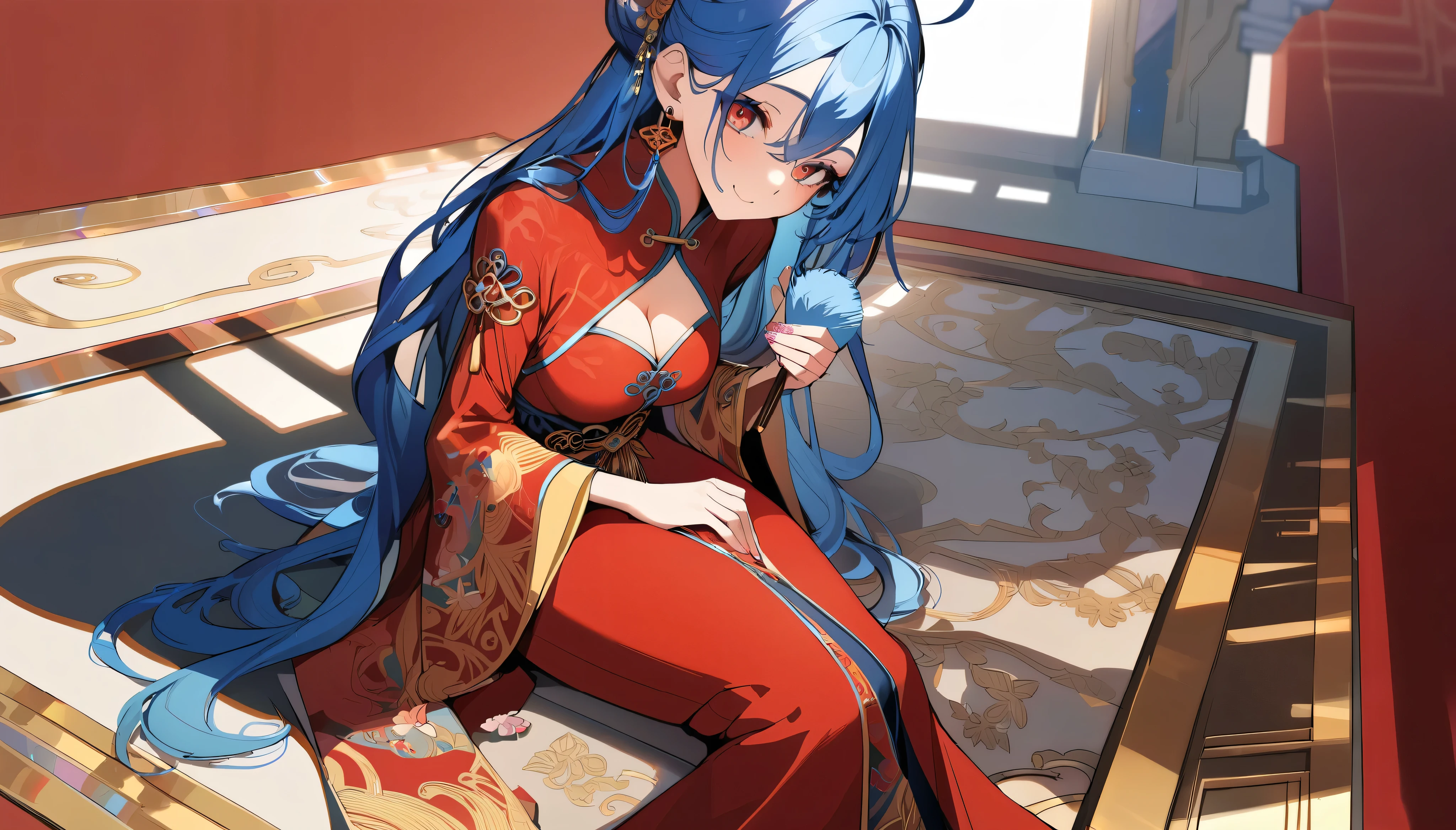 One Girl, (Large: 1.4), Solo, ((Hi-Res)), ((Masterpiece)), ((Best Quality)), ((Very Detailed)), ((Very Detailed)), Sexy, Long blue Hair, Blue Eyes (Eyeliner), Face-down,Nitple, Kimono, Red, Indoors, Mysterious Red Lighting, Rose Blossom, Night Ruins,