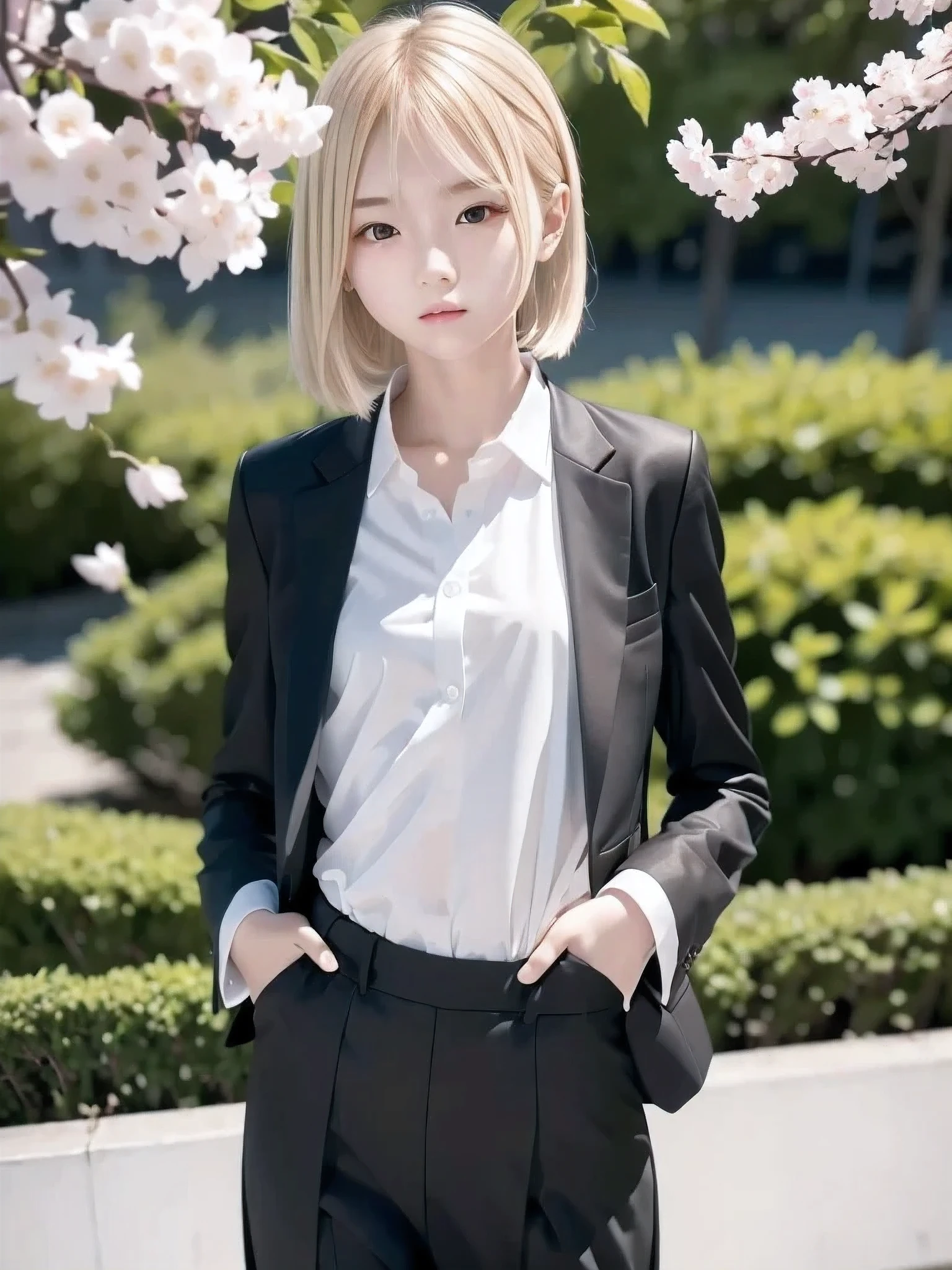  1 girl, Alone, masterpiece,  best quality, Slender body,  flat chested, ( blonde hair ),  perfect face,  cool girl ,  ager with pants slipping, ,  Black Suit  ,  white shirt,  cool face ,Cherry Blossom Viewing,   cherry blossoms wearing a black see-through kimono  