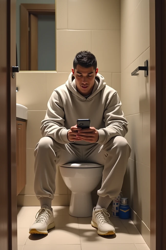 Skinny, muscular mixed-race gas station attendant sitting on the bathroom floor in light blue underwear, red cap and discreet gold chain around the neck, Looking at cell phone, Being watched by a man sitting on the bench.