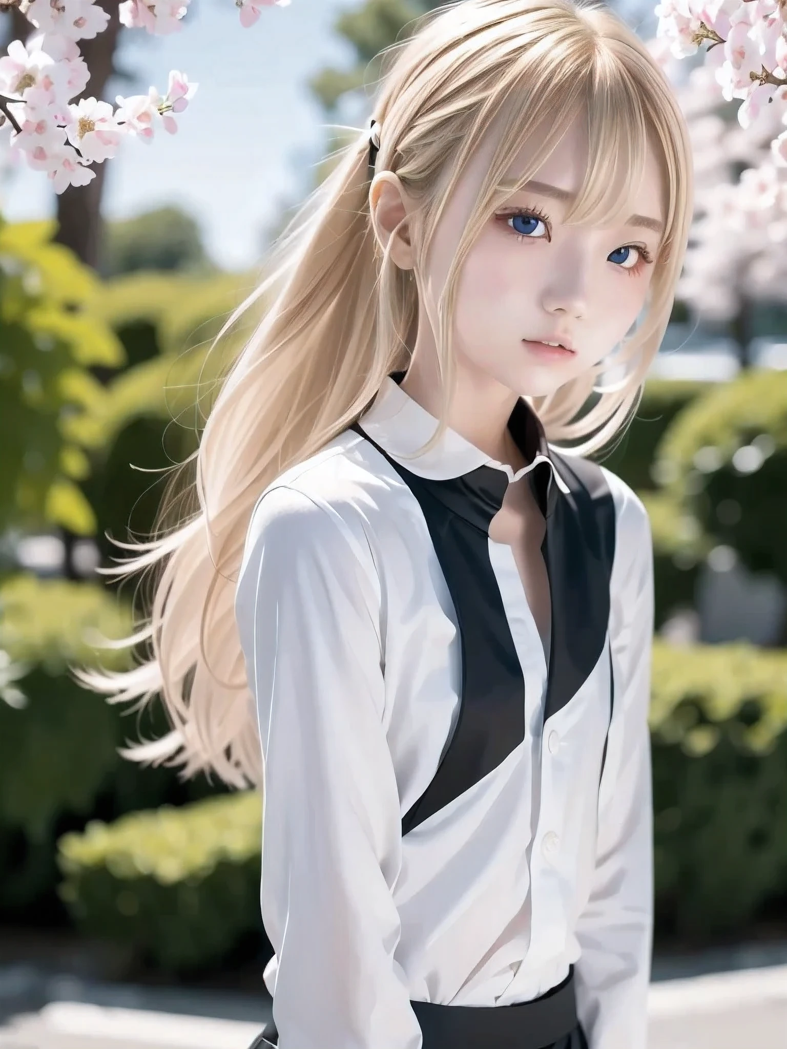 1 girl, Alone, masterpiece, best quality, Slender body, flat chested, ( blonde hair ), perfect face, cool girl , ager with pants slipping, , Black Suit , white shirt, cool face ,Cherry Blossom Viewing, cherry blossoms wearing a black see-through kimono