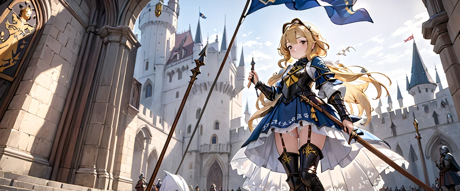 (   Very Detailed CG Octane Rendering 8K Wallpaper with Long Spears ),   World's Most Beautiful Artwork  ,  A flag with a coat of arms attached to a long spear,  complicated,   high detail,  princess your toddler , Lace embroidery,  Medieval Lace Long Dress （With panniers）, cotton cloth,  raised skirt showing off a beautiful pussy , Strong winds, Transparent slip, Translucent Tights  , Peeking from below,  best quality, Disarray of clothing,   thighs, knight , Skirt lining, Bloomersー、Leather Armor、 with a flag attached to a long spear 、、Ramparts、Bloomers
