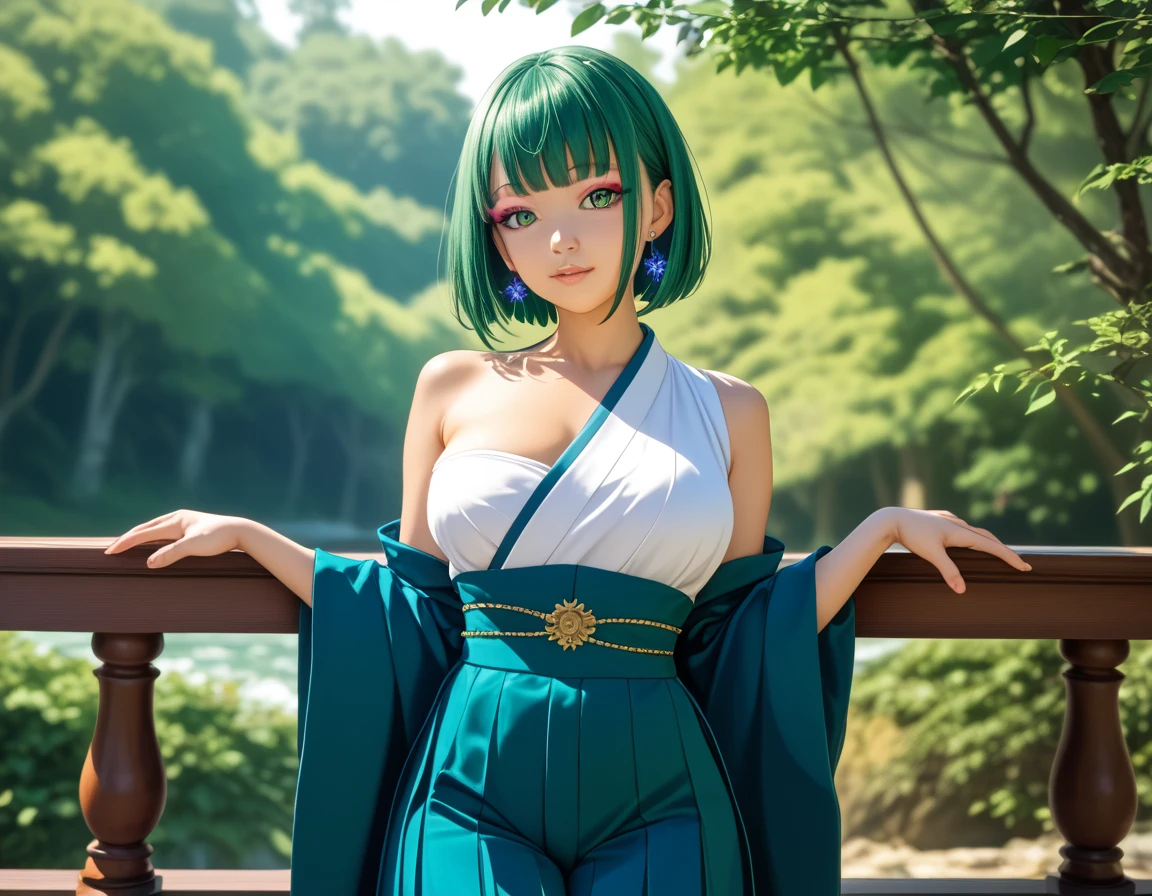 Crocodile, ear on head, beautiful girl, green hair, big breasts, wearing a, bare-chested kimono, sexy post,by river.