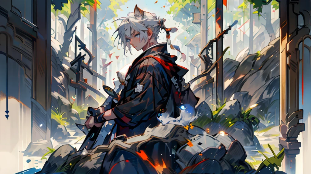 samurai, Silver Hair,warrior,Swordsman,Draw the sword,Draw your sword,Iaido,whole body, High Quality , masterpiece,Cat ears,Cat ears,Sparkling blue eyes,Grasp the sword