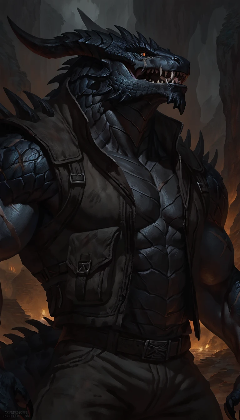 dragon like anthro lizard, hands behind back, anthro dragon, solo, portrait, scaly, detailed scales, experienced predator, dragonic, monster, mercenary, grin, open mouth, black scaly body, matte body, toned, muscular anthro, big muscles, big horns, wearing vest and pants, detailed scales, scars on body, 1male solo, anthro, muscular, thick neck, thick tail, marked jaw, comicbook style, underground cave city background, darkness, horror, best quality, 4k, ultra-detailed, by laobai, by taran fiddler, by honovy