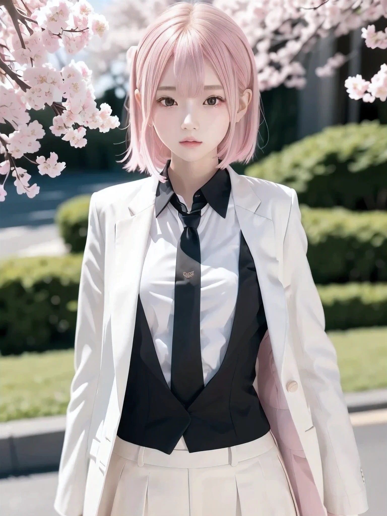 1 girl, Alone, masterpiece, best quality, Slender body, flat chested, ( Pink Hair), perfect face, cool girl , ager with pants slipping, , Black Suit , white shirt, cool face ,Cherry Blossom Viewing, cherry blossoms wearing a black see-through kimono