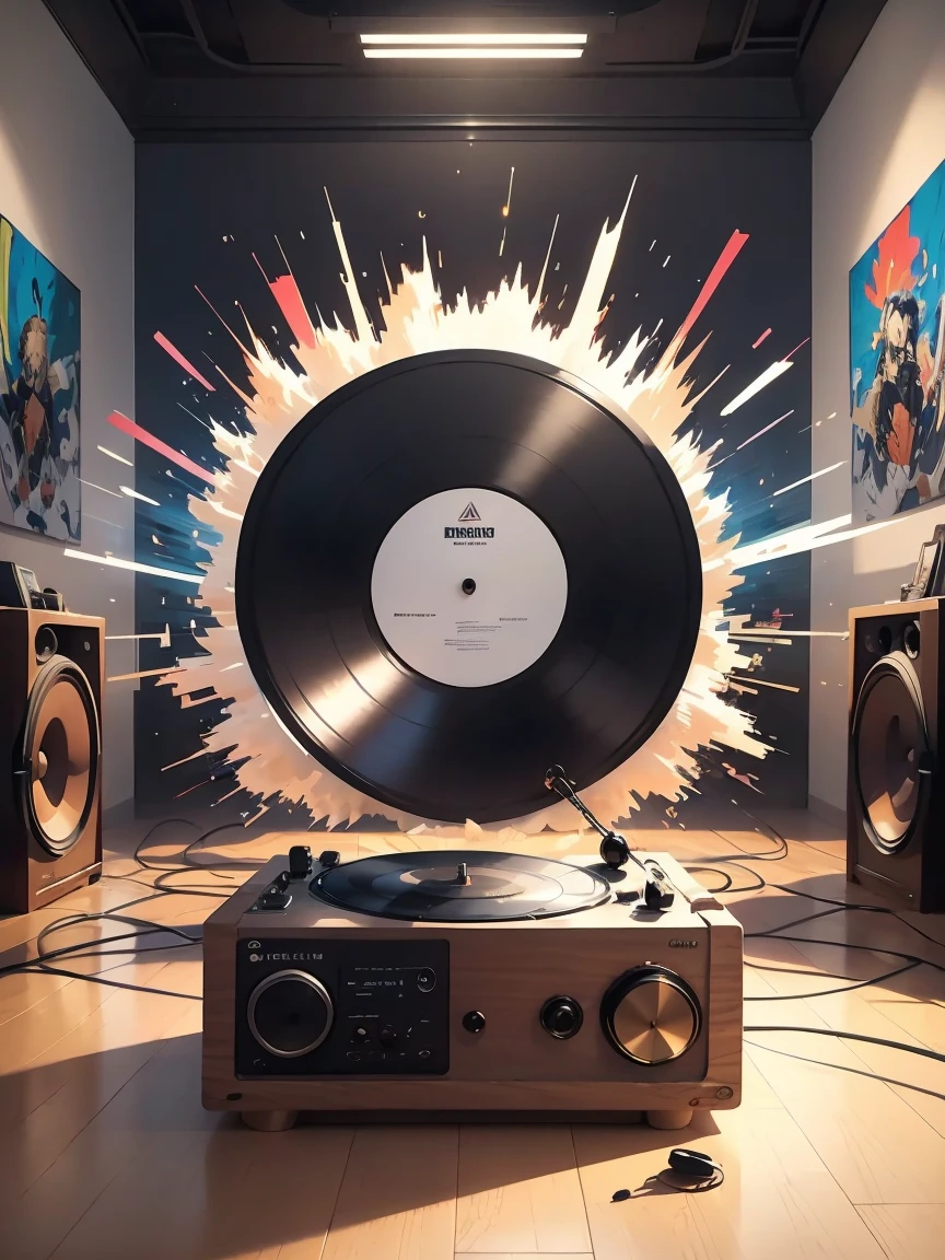 a highly detailed and vibrant abstract art illustration, colorful explosion of sound, a vintage record player surrounded by a flood of musical notes dancing and swirling, vivid colors, creative, color of sound, best quality, 8k, masterpiece, photorealistic, physically-based rendering, extreme detail description, professional